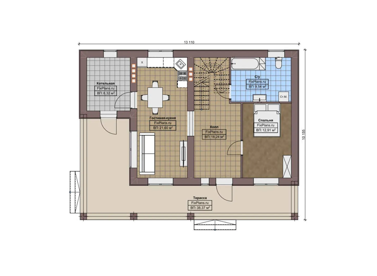 F-6623 - Планы дома с мансардой 11 на 14, площадью 180 м² с террасой и 3 спальнями