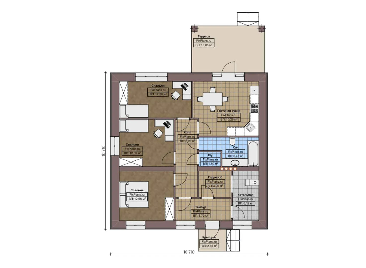 F-2528 - План одноэтажного дома 11 на 11, площадью 110 м² с террасой и 3 спальнями