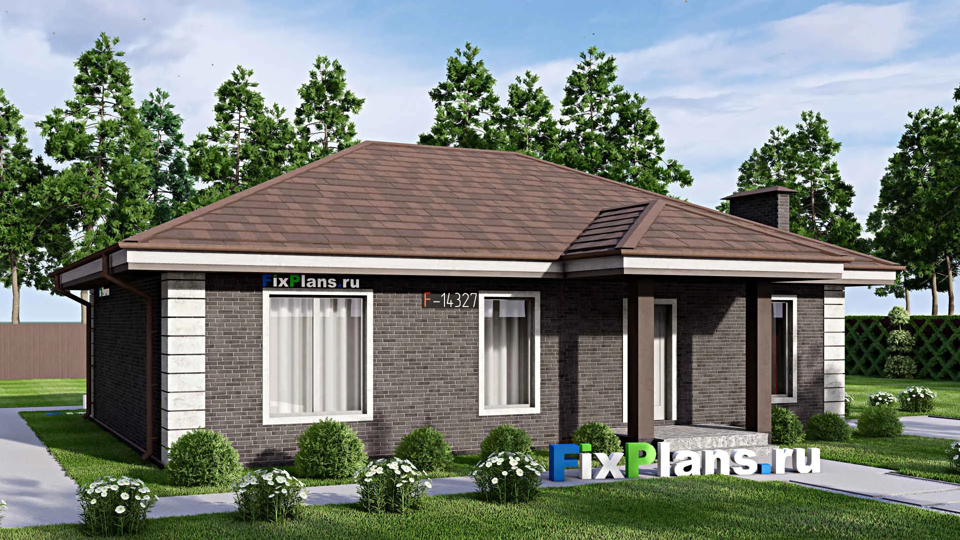 F-14327 - Проект одноэтажного дома 13 на 14, площадью 120 м² с террасой и 3 спальнями