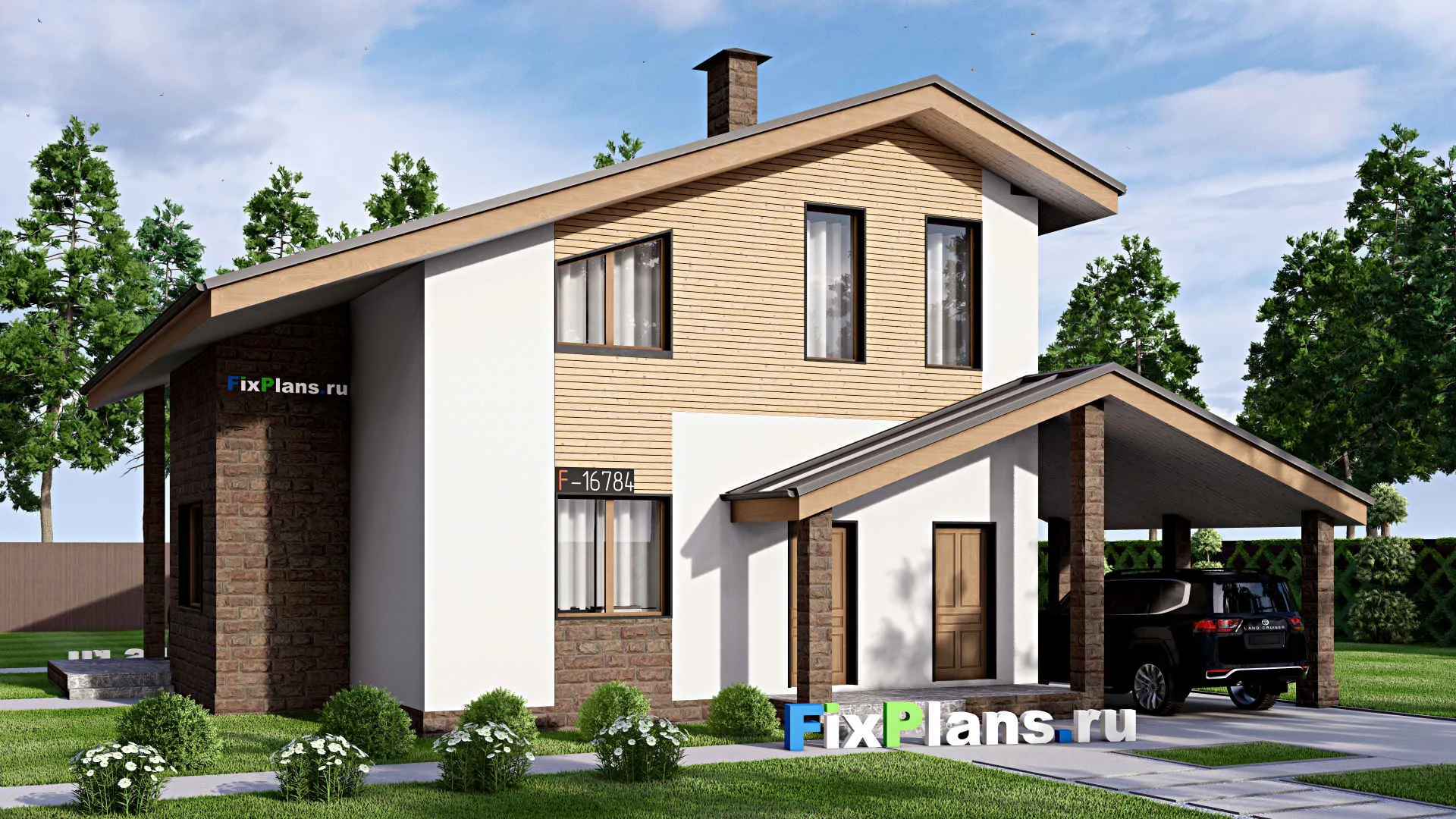 F-16784 - Проект дома с мансардой 13 на 16, площадью 170 м² с террасой и 6 спальнями