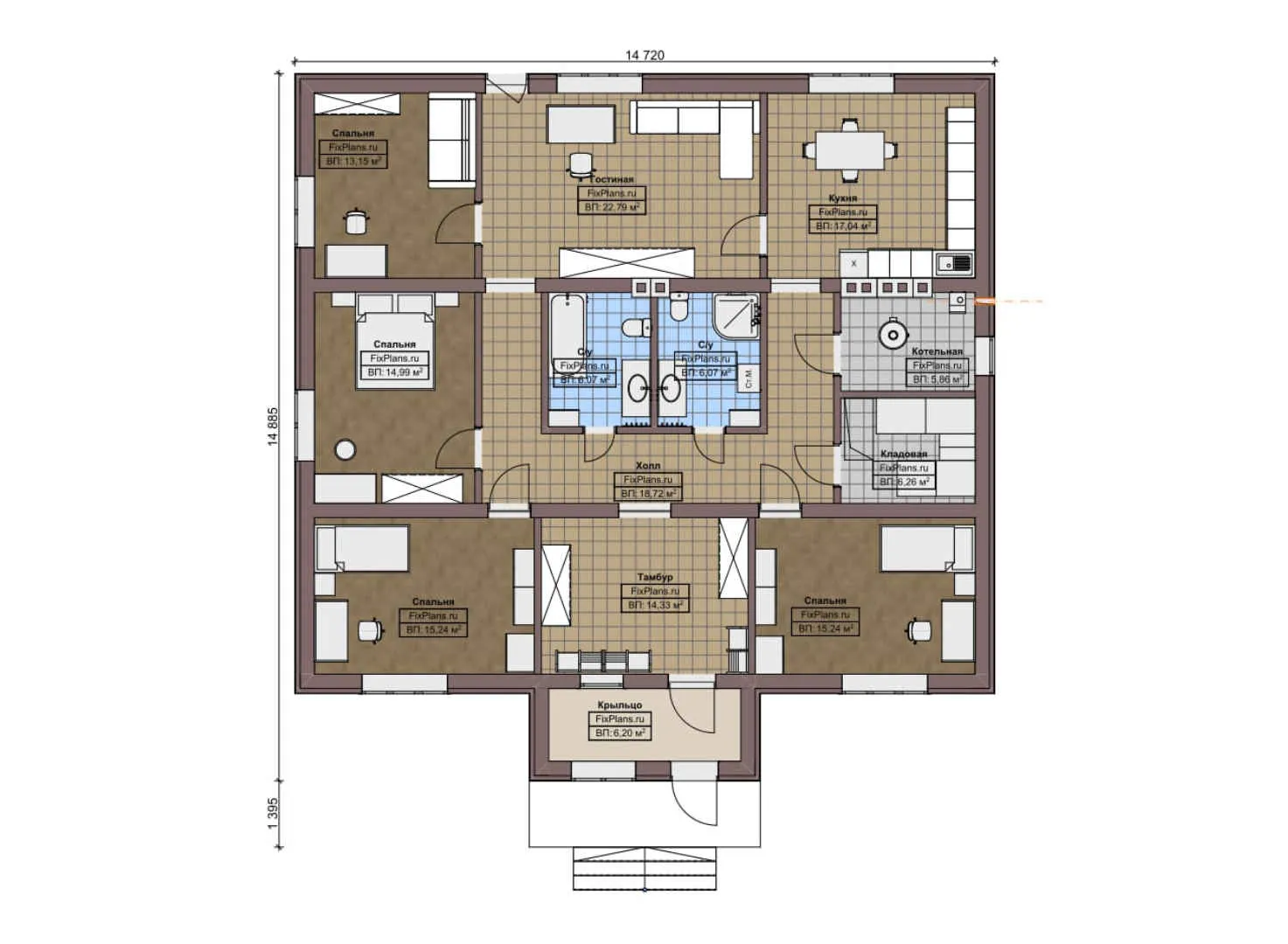 F-3266 - План одноэтажного дома 15 на 15, площадью 170 м² с 4 спальнями