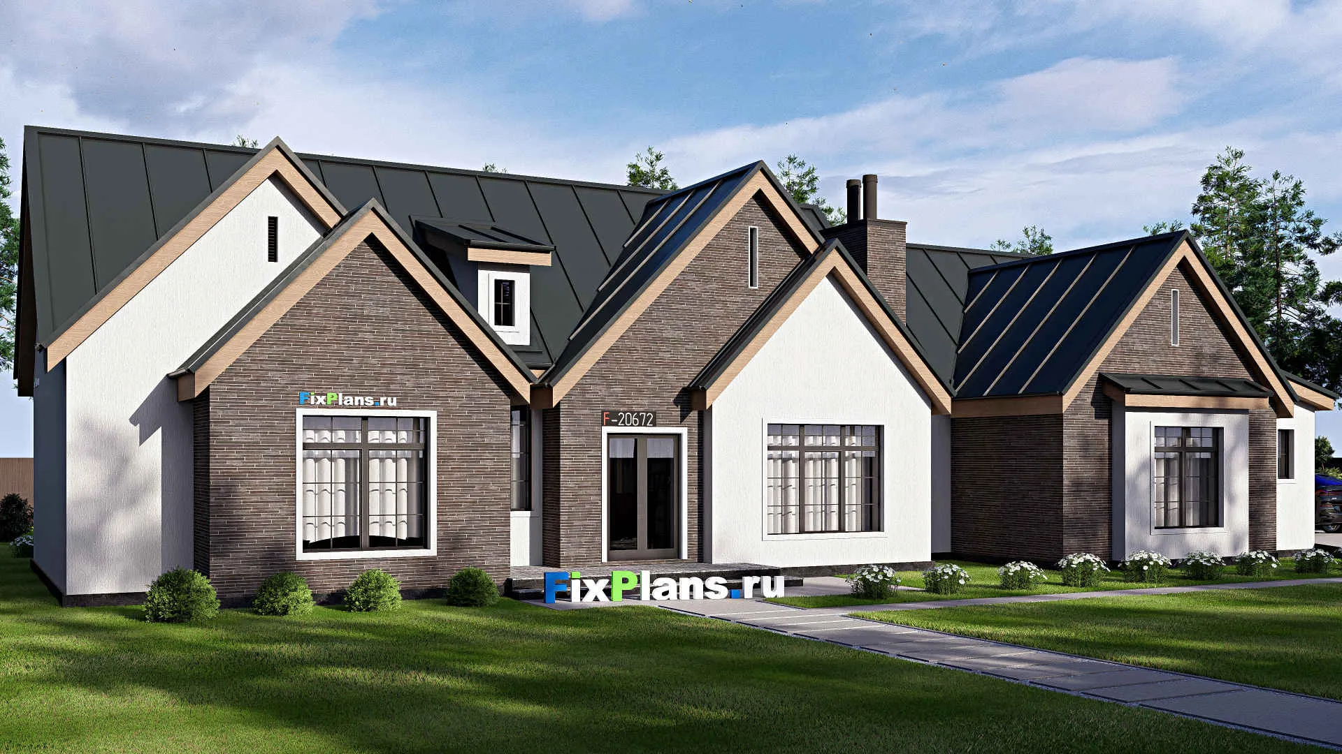 F-20672 - Проект одноэтажного дома 16 на 27, площадью 270 м² с террасой, гаражом на 2 машины и 3 спальнями