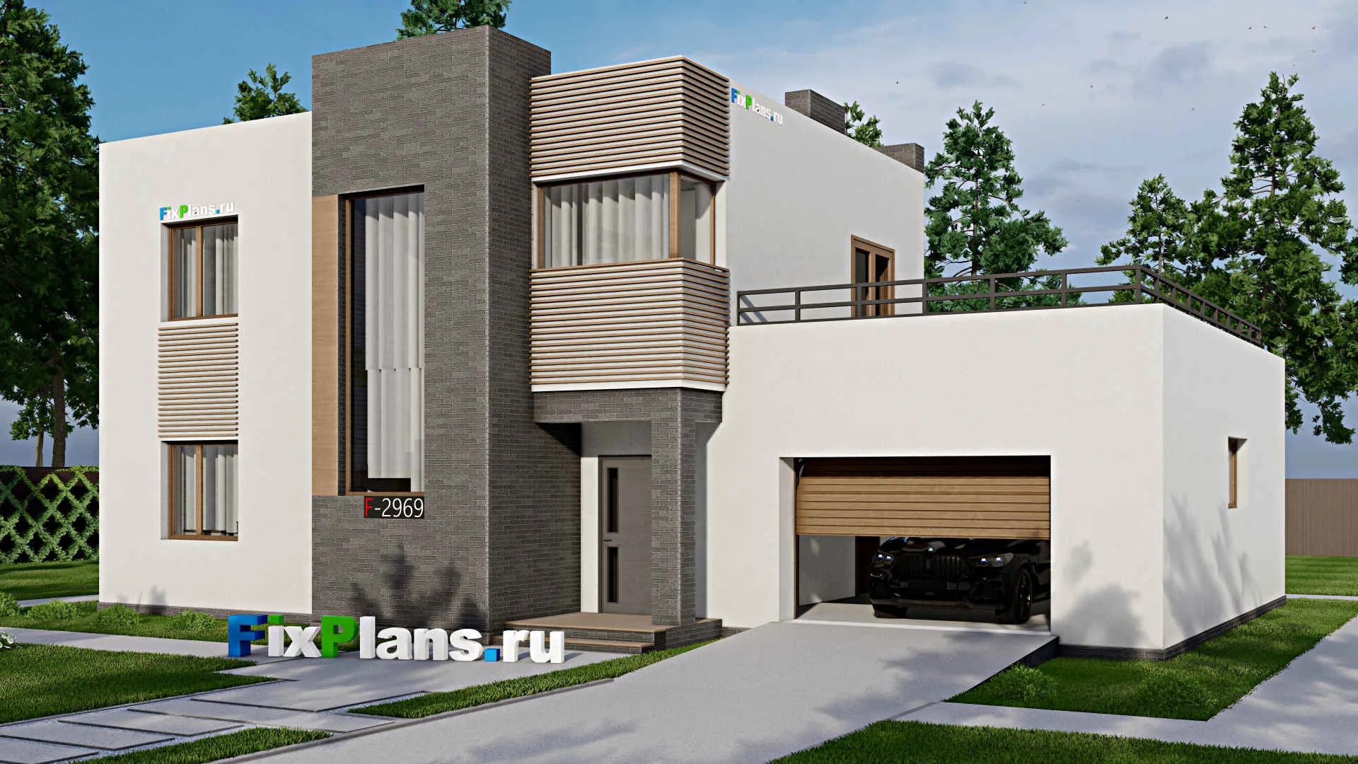 F-2969 - Проект двухэтажного дома 12 на 16, площадью 220 м² с террасой, гаражом на 2 машины и 3 спальнями