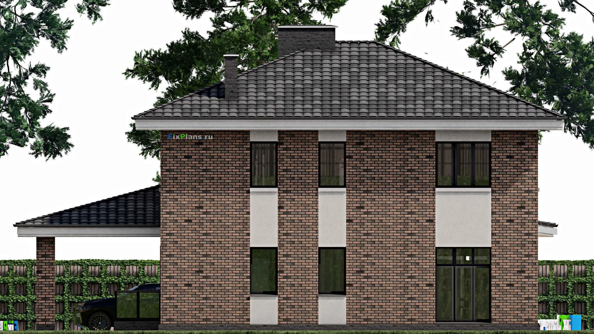 F-1151 - Проект двухэтажного дома 11 на 13, площадью 300 м² с террасой, гаражом на 1 машину и 4 спальнями