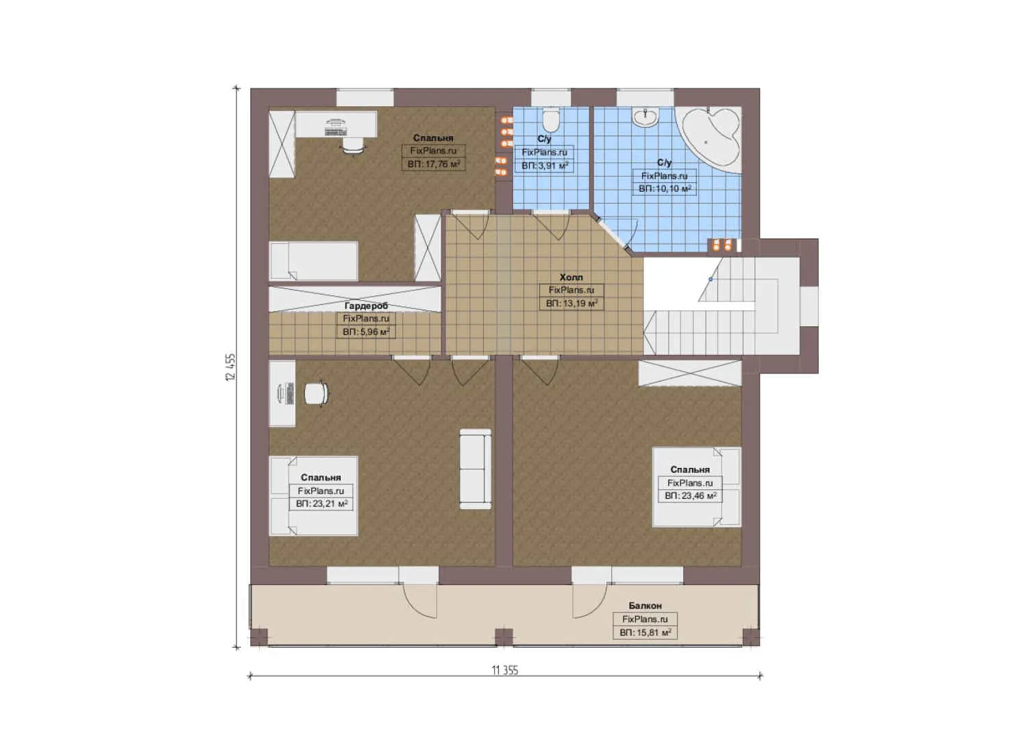 F-13346 - Планы дома с мансардой 13 на 17, площадью 260 м² с террасой, балконом и 4 спальнями