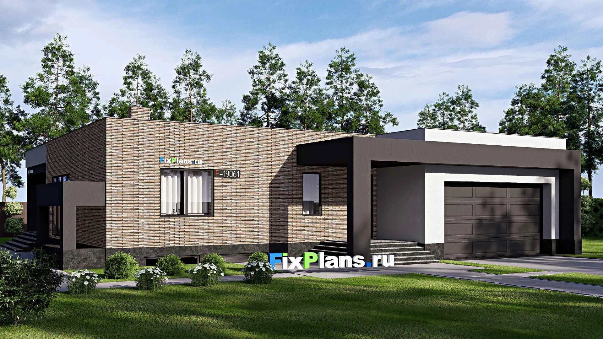 F-19061 - Проект одноэтажного дома 20 на 21, площадью 370 м² с террасой, цокольным этажом, гаражом на 2 машины и 3 спальнями