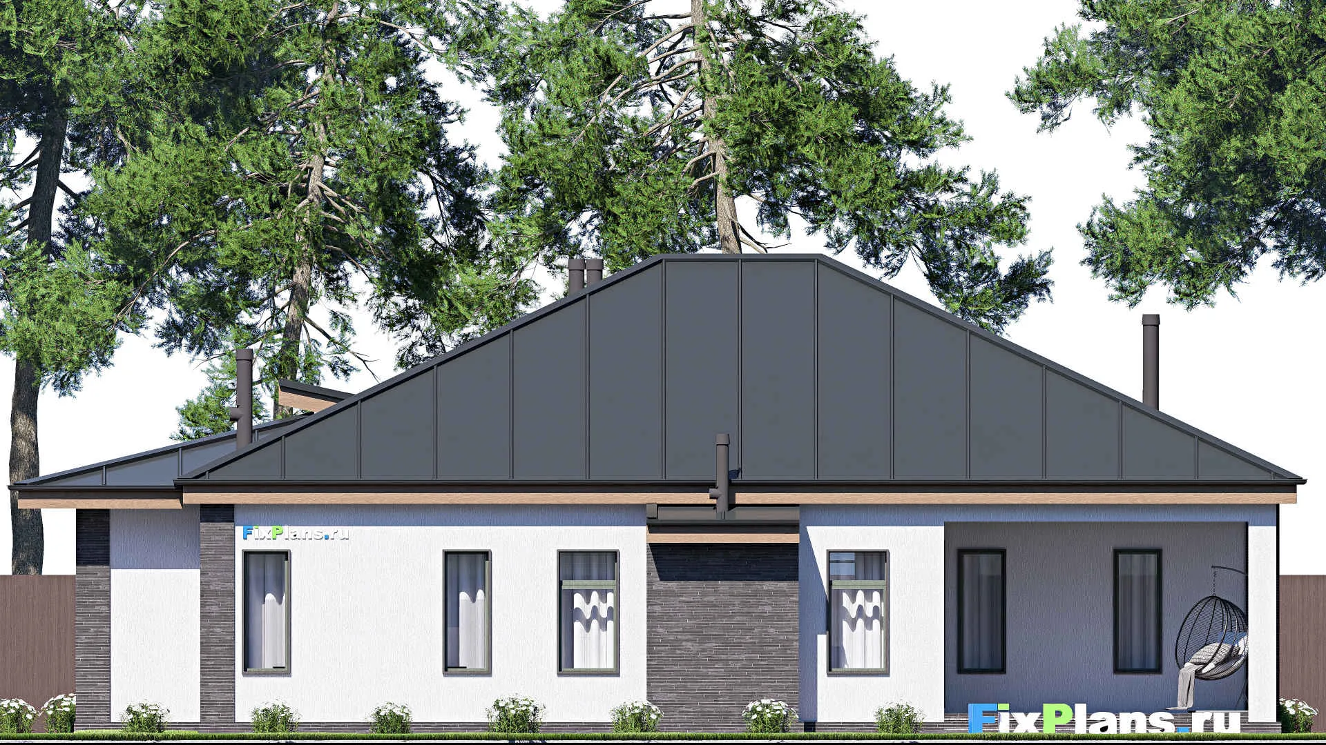 F-20465 - Проект одноэтажного дома 17 на 18, площадью 200 м² с террасой, гаражом на 2 машины и 3 спальнями