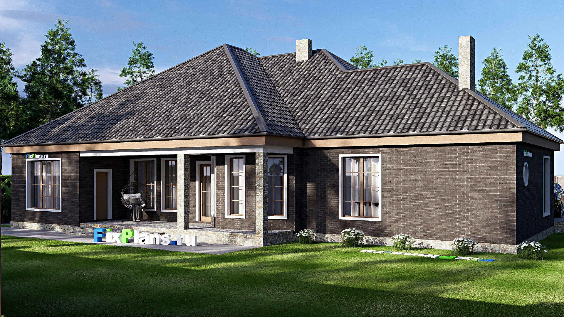 F-17171 - Проект одноэтажного дома 21 на 22, площадью 300 м² с террасой, гаражом на 2 машины и 5 спальнями