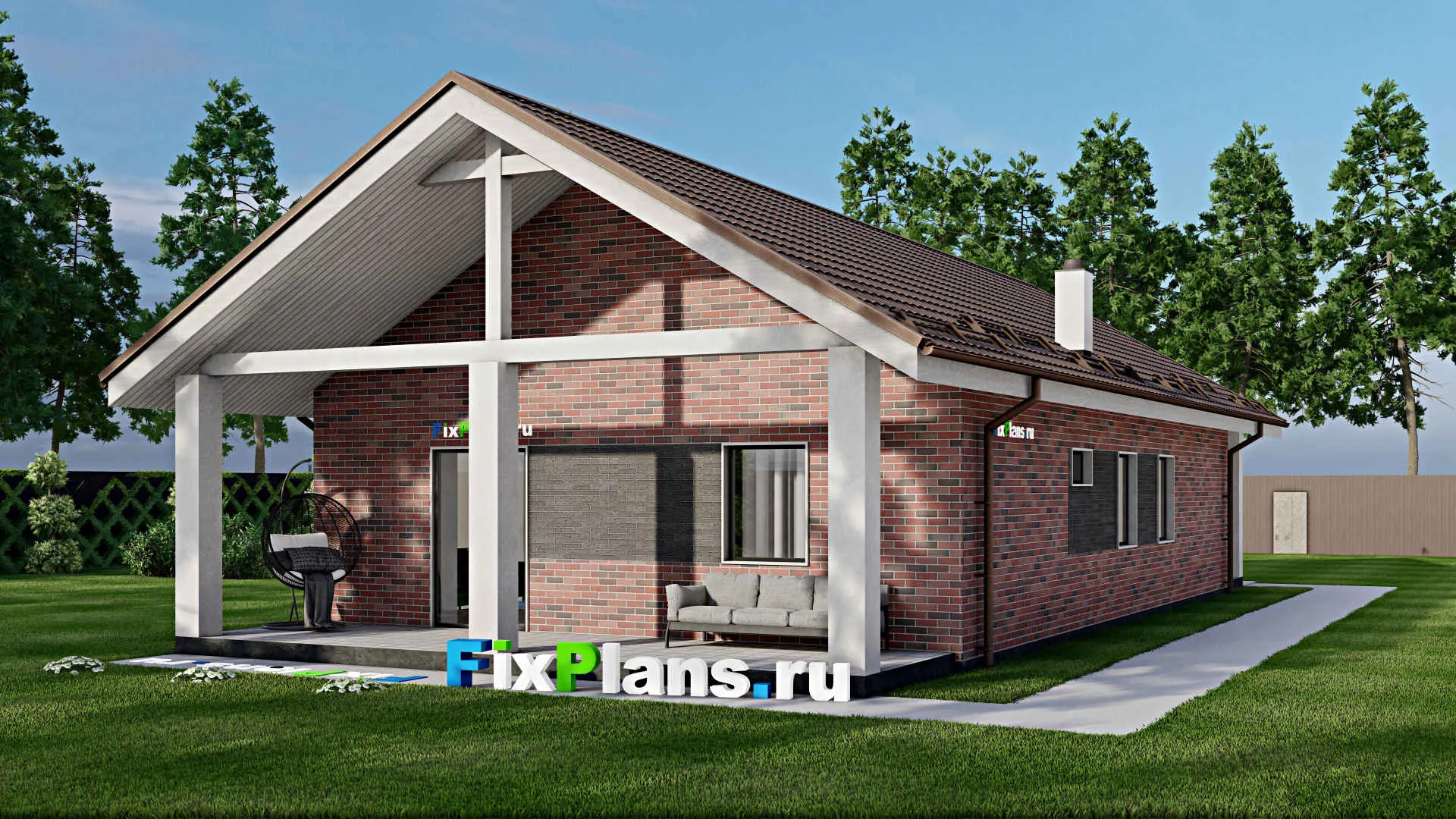 F-3419 - Проект одноэтажного дома 10 на 15, площадью 150 м² с террасой и 4 спальнями