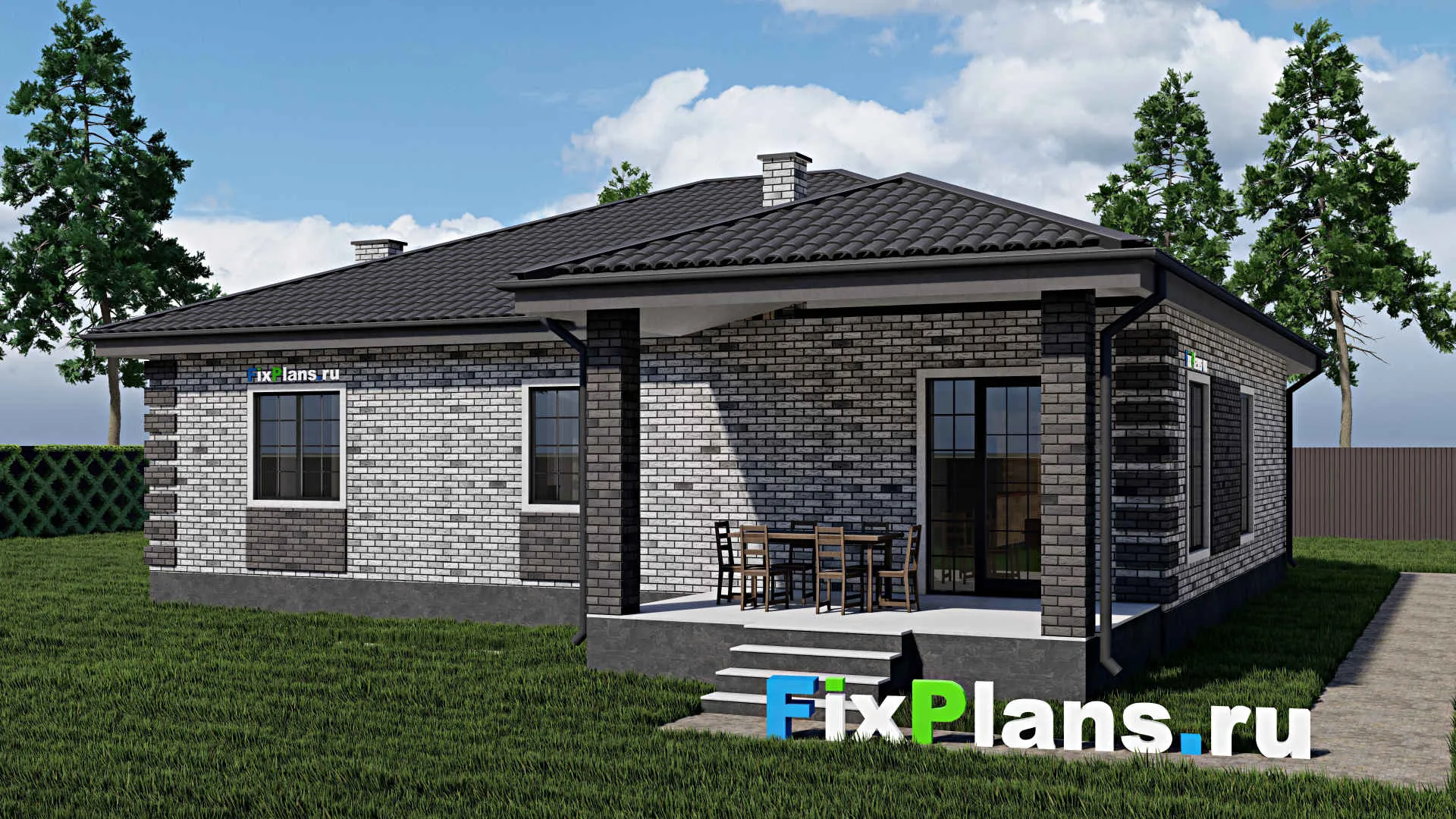 F-0845 - Проект одноэтажного дома 14 на 14, площадью 160 м² с террасой и 3 спальнями