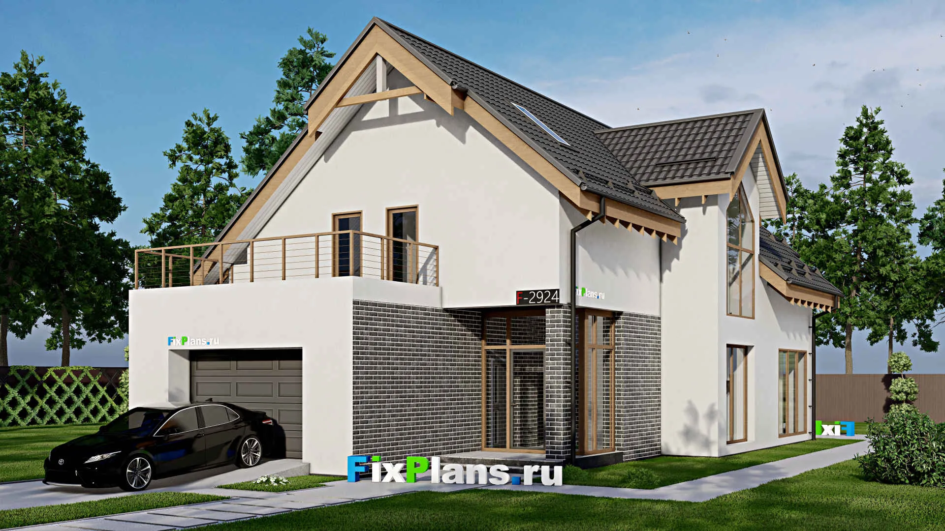 F-2924 - Проект дома с мансардой 11 на 19, площадью 240 м² с террасой, балконом, гаражом на 1 машину и 3 спальнями