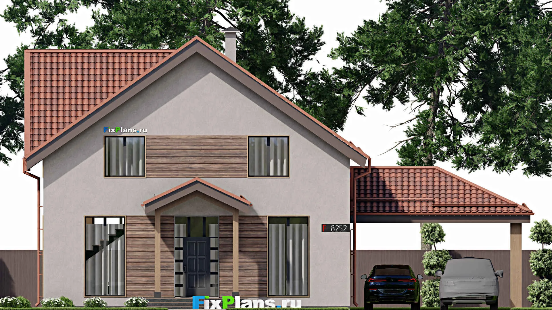 F-8252 - Проект дома с мансардой 11 на 11, площадью 250 м² с террасой, навесом для машины и 5 спальнями
