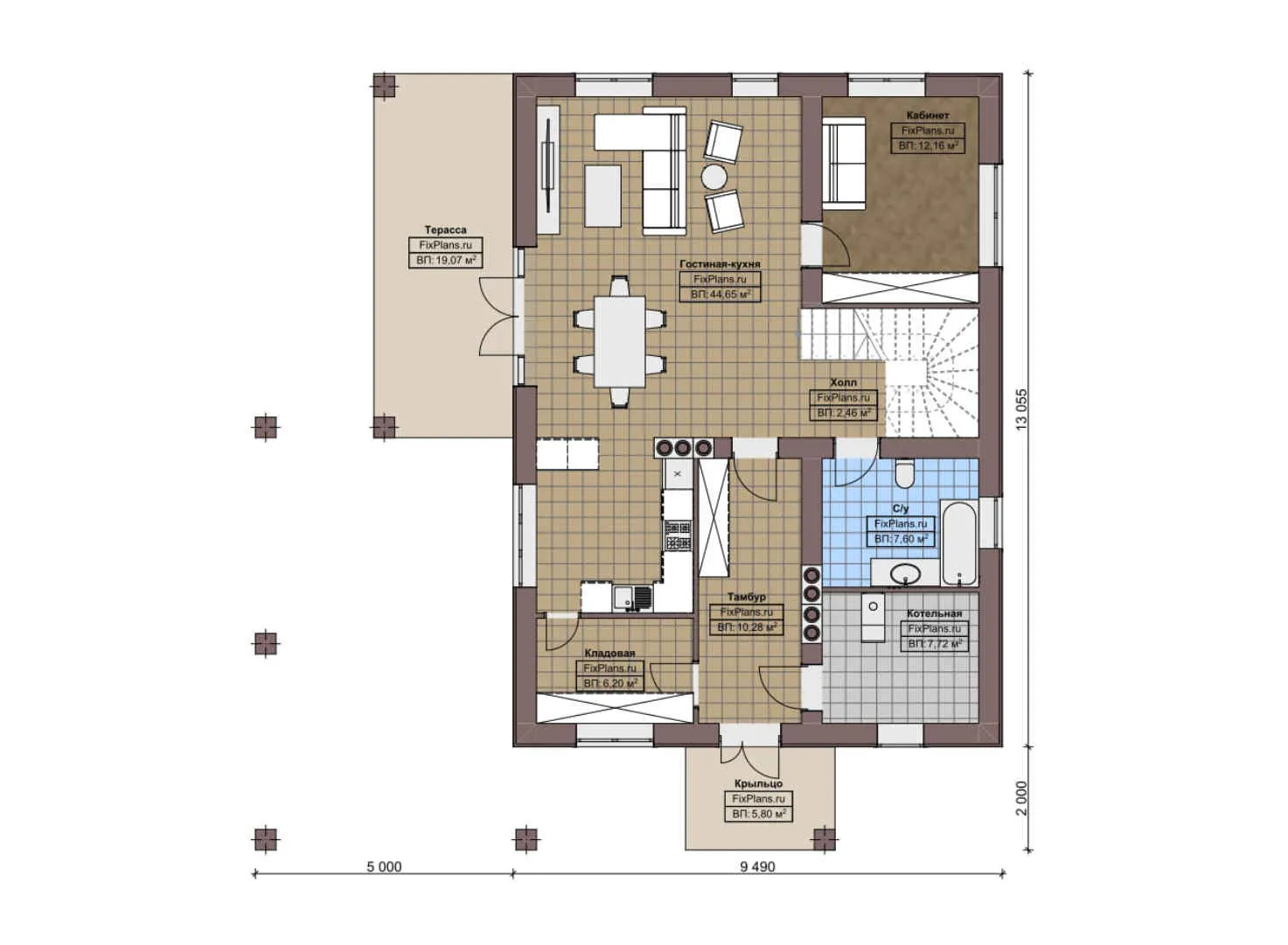 F-3545 - Планы двухэтажного дома 10 на 14, площадью 210 м² с террасой и 3 спальнями