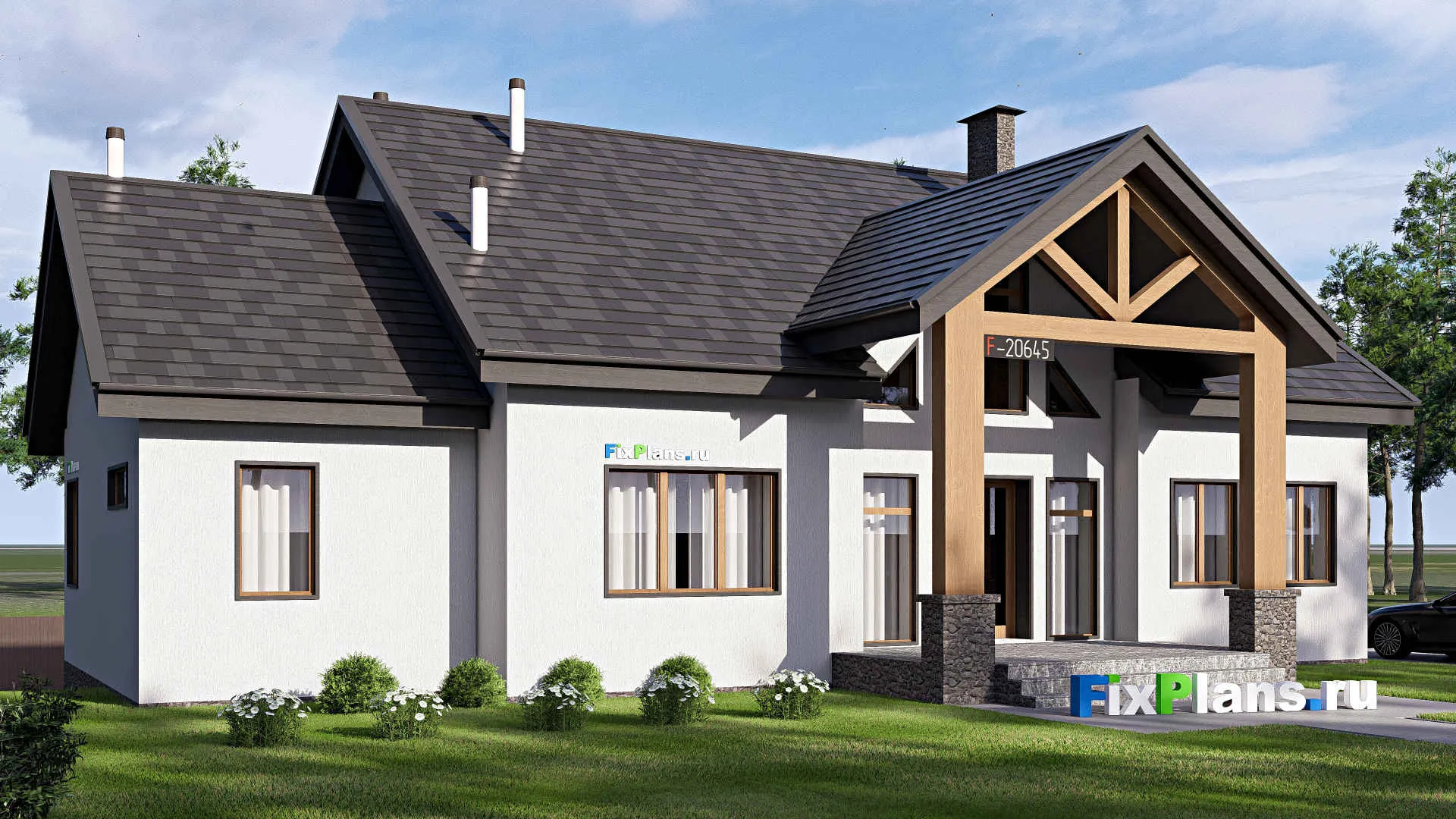 F-20645 - Проект двухэтажного дома 18 на 20, площадью 440 м² с террасой, цокольным этажом, гаражом на 1 машину и 3 спальнями