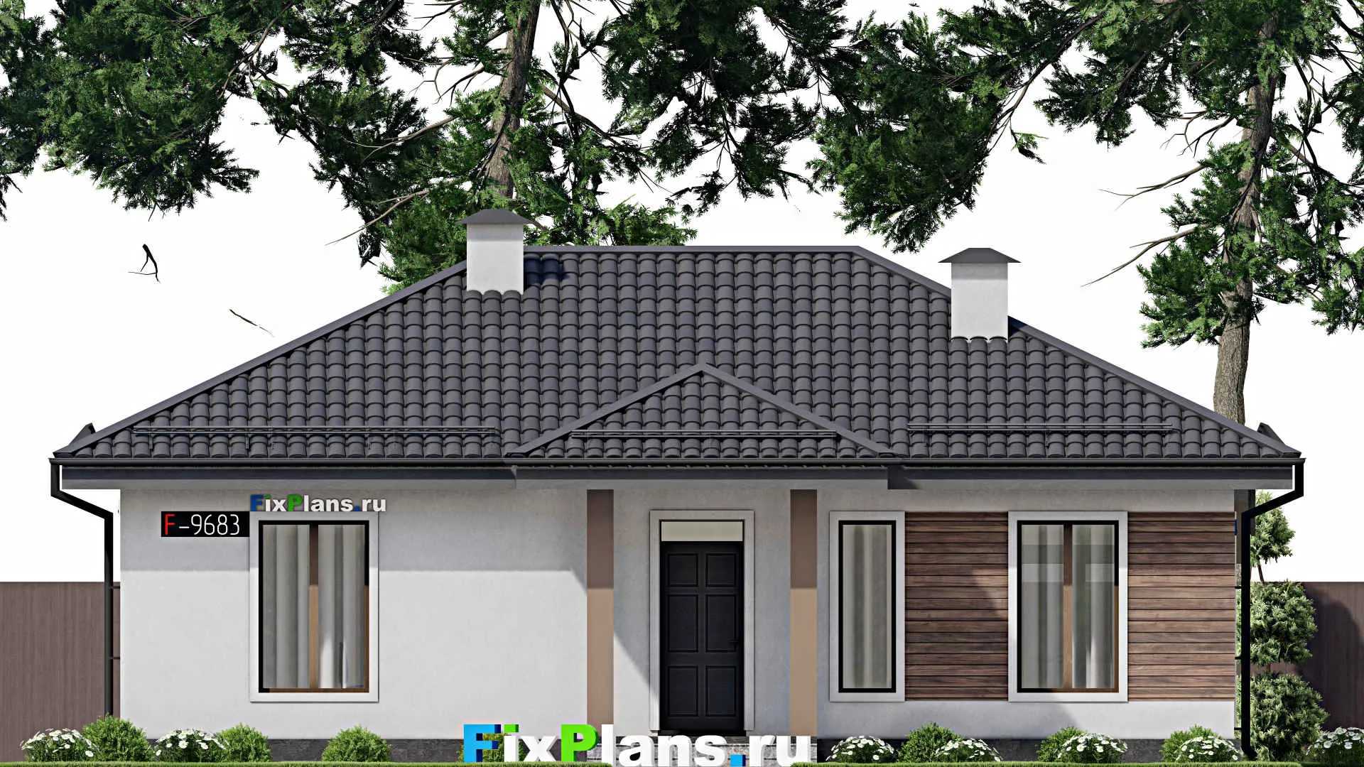 F-9683 - Проект одноэтажного дома 13 на 13, площадью 100 м² с террасой и 3 спальнями