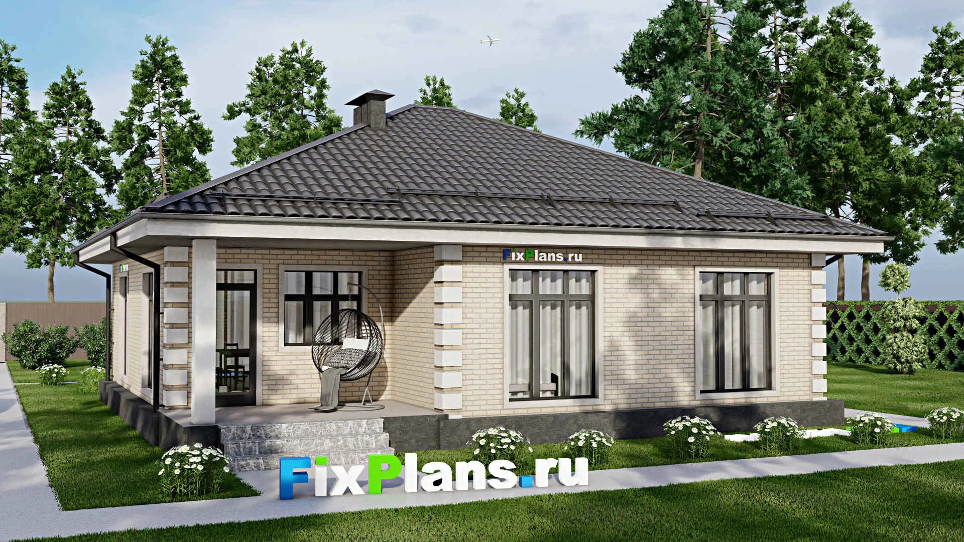 F-4715 - Проект одноэтажного дома 12 на 13, площадью 130 м² с террасой и 3 спальнями