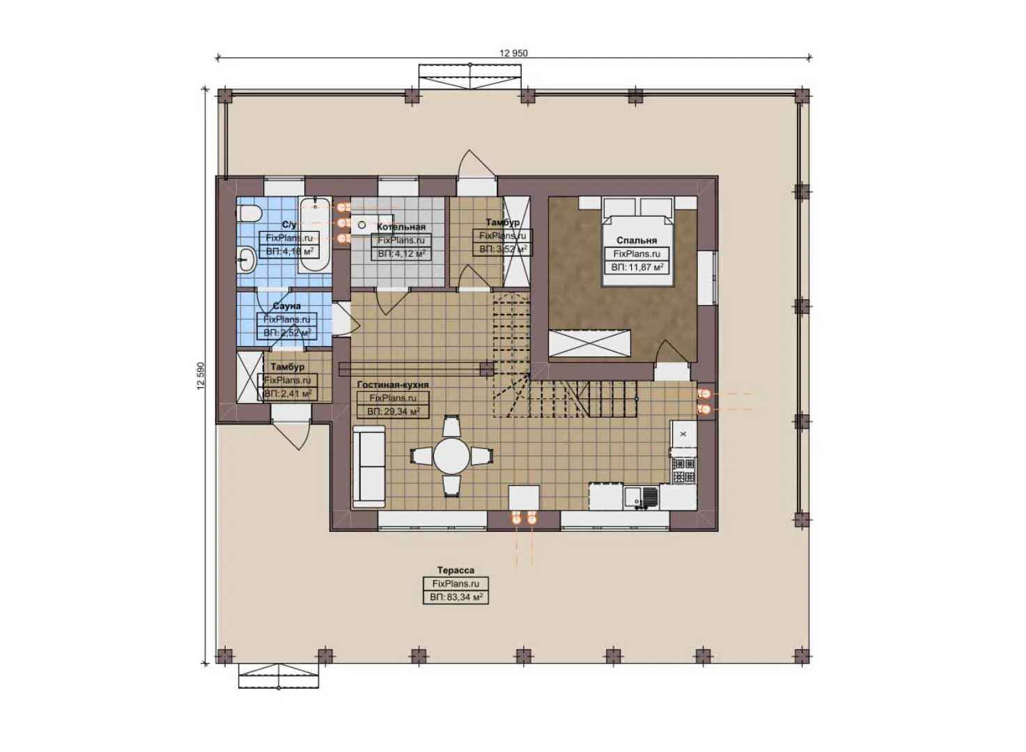 F-8405 - Планы дома с мансардой 13 на 13, площадью 190 м² с террасой, балконом, баней и 2 спальнями