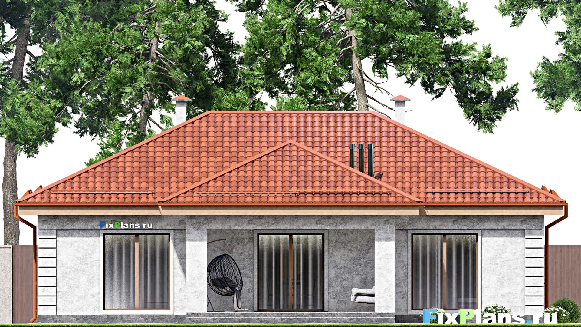 F-13904 - Проект одноэтажного дома 15 на 15, площадью 150 м² с террасой и 3 спальнями