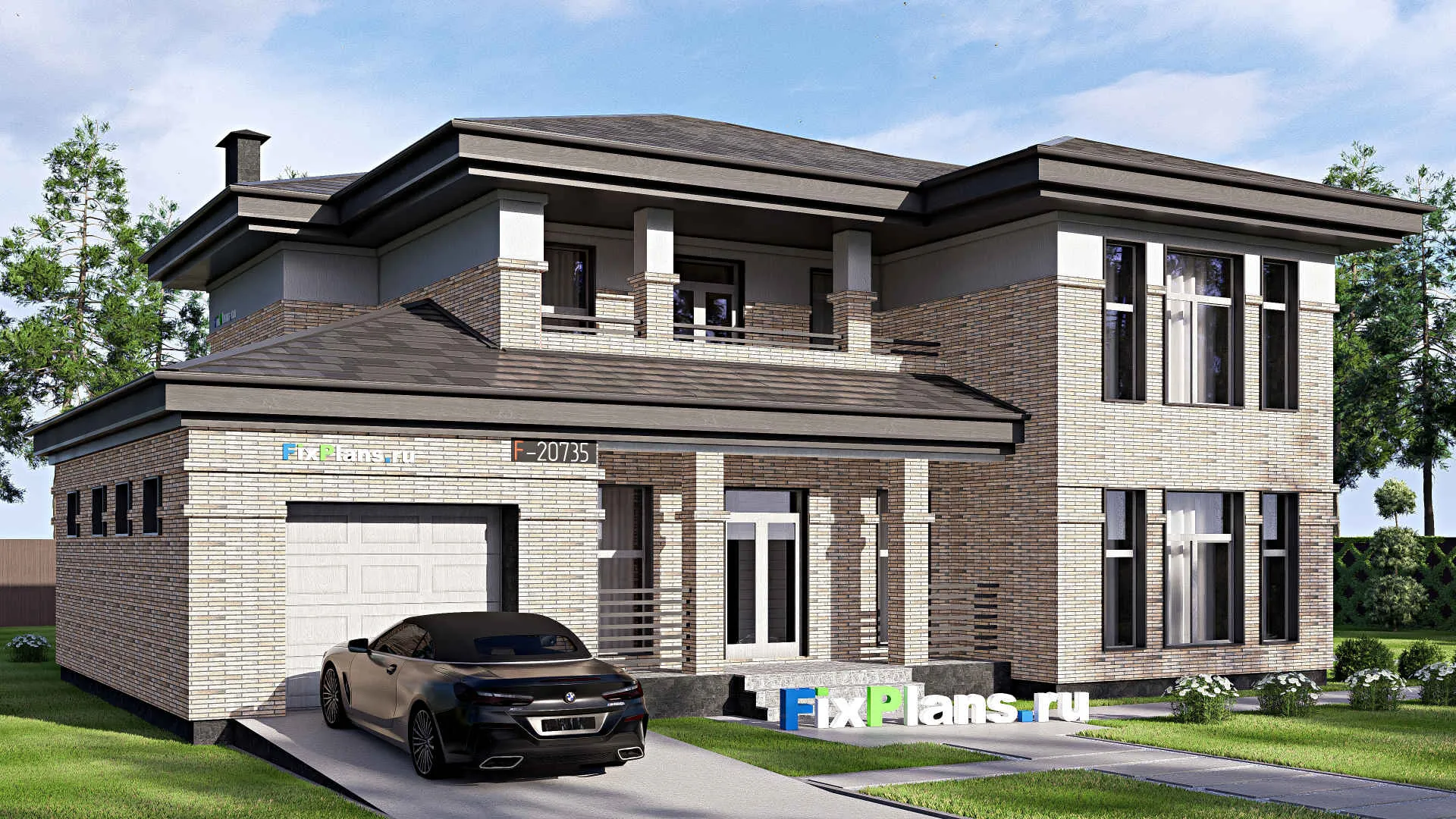 F-20735 - Проект двухэтажного дома 14 на 21, площадью 280 м² с террасой, балконом, гаражом на 1 машину и 4 спальнями