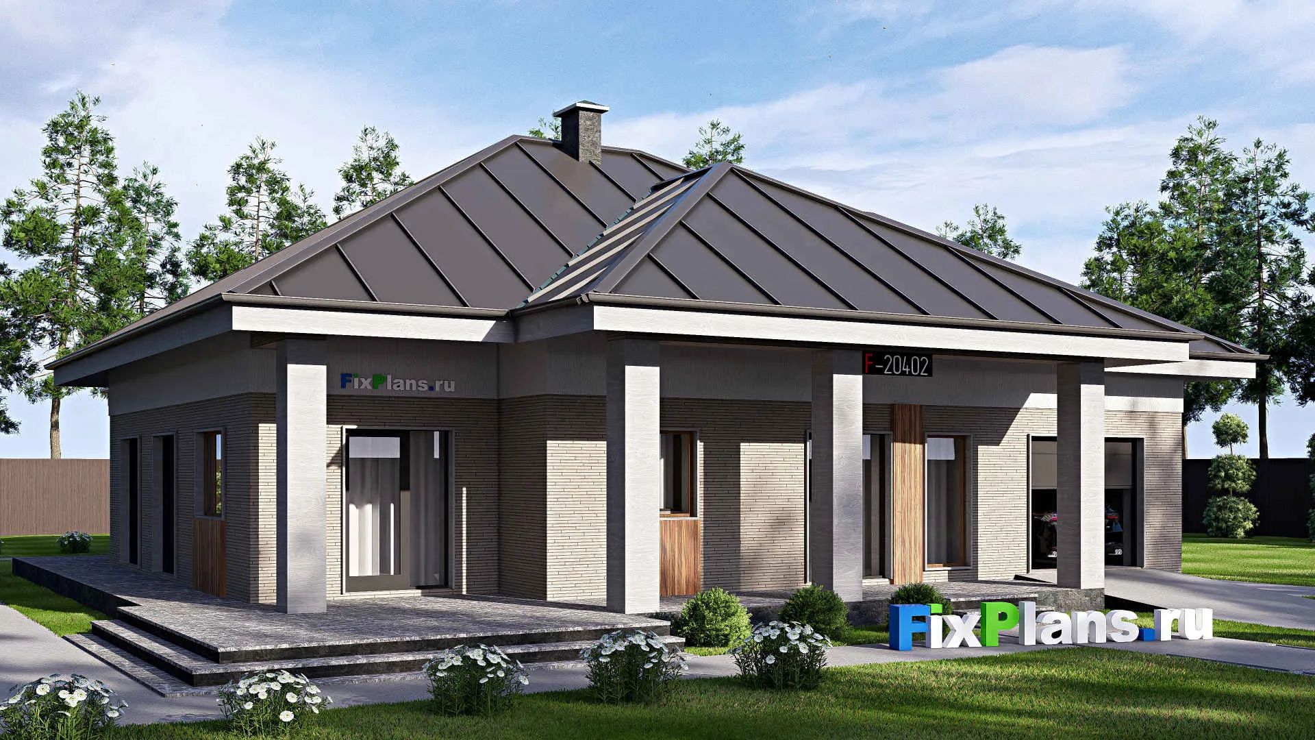 F-20402 - Проект одноэтажного дома 16 на 22, площадью 270 м² с террасой, гаражом на 1 машину и 3 спальнями