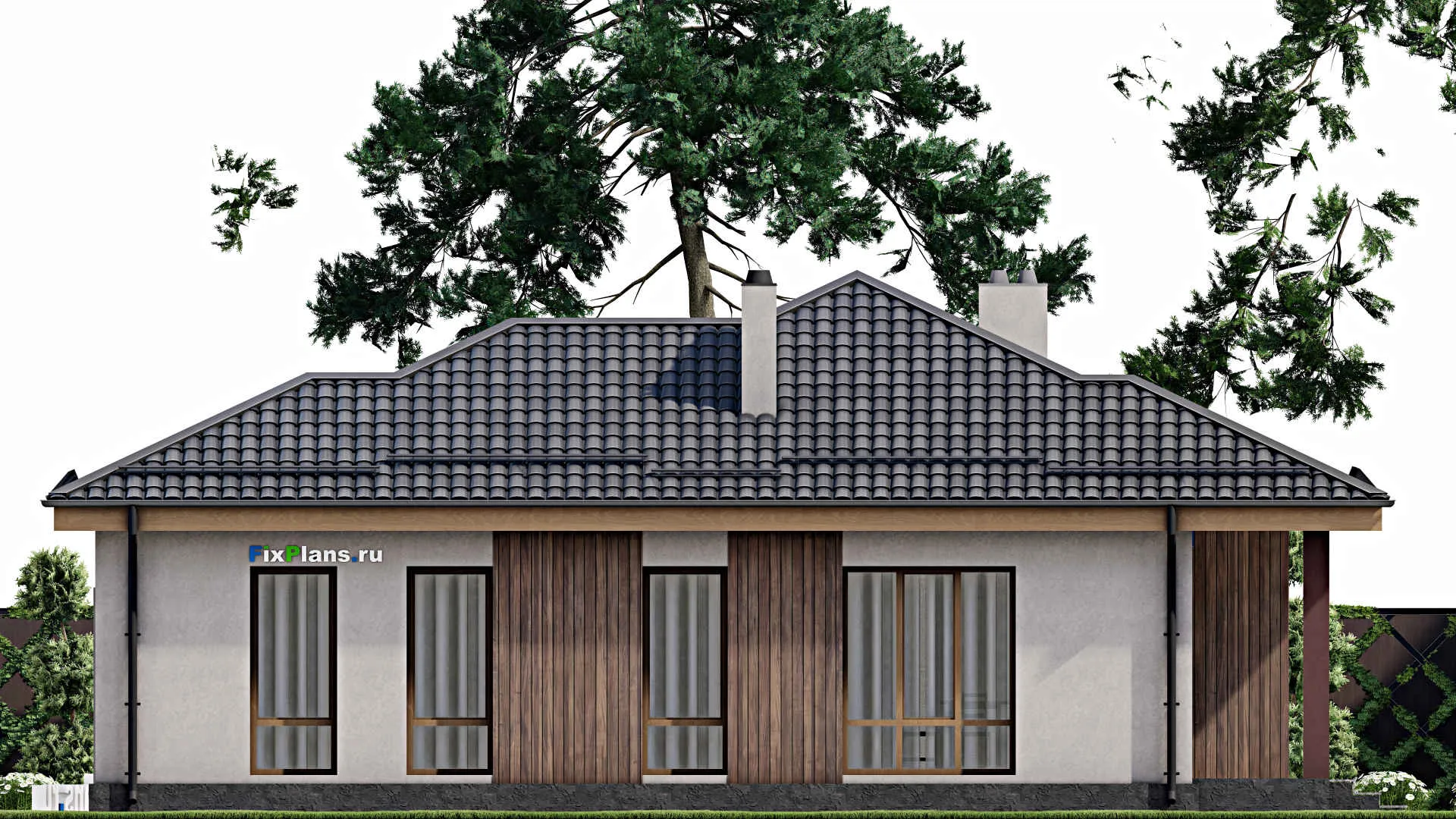 F-7856 - Проект одноэтажного дома 15 на 16, площадью 150 м² с террасой, гаражом на 1 машину и 2 спальнями