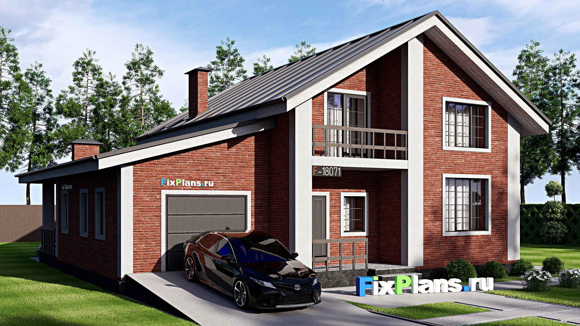 F-18071 - Проект дома с мансардой 14 на 14, площадью 200 м² с террасой, балконом, гаражом на 1 машину и 3 спальнями