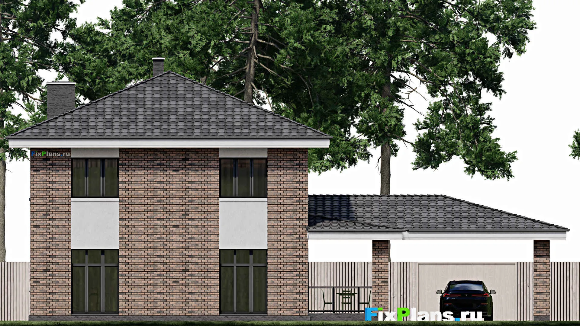 F-1151 - Проект двухэтажного дома 11 на 13, площадью 300 м² с террасой, гаражом на 1 машину и 4 спальнями