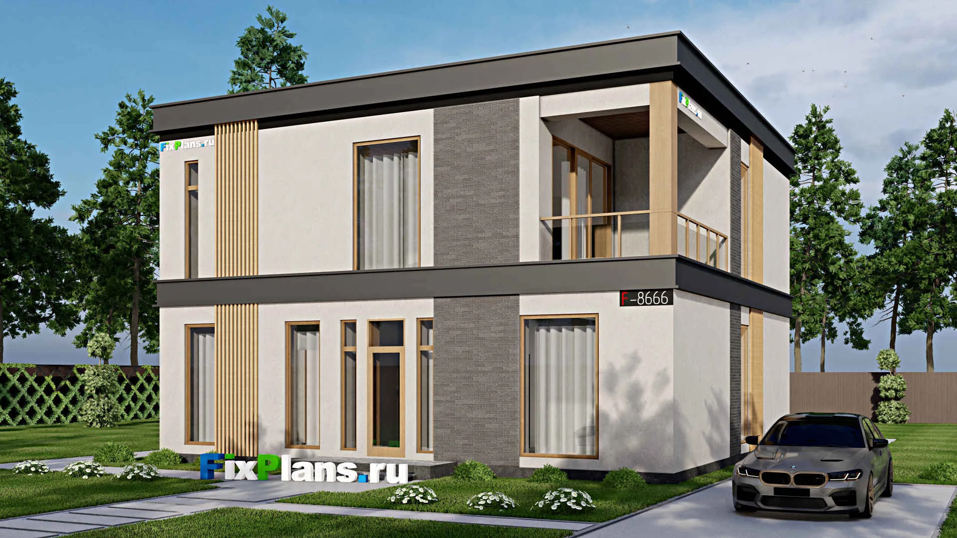 F-8666 - Проект двухэтажного дома 12 на 12, площадью 230 м² с террасой, балконом и 4 спальнями