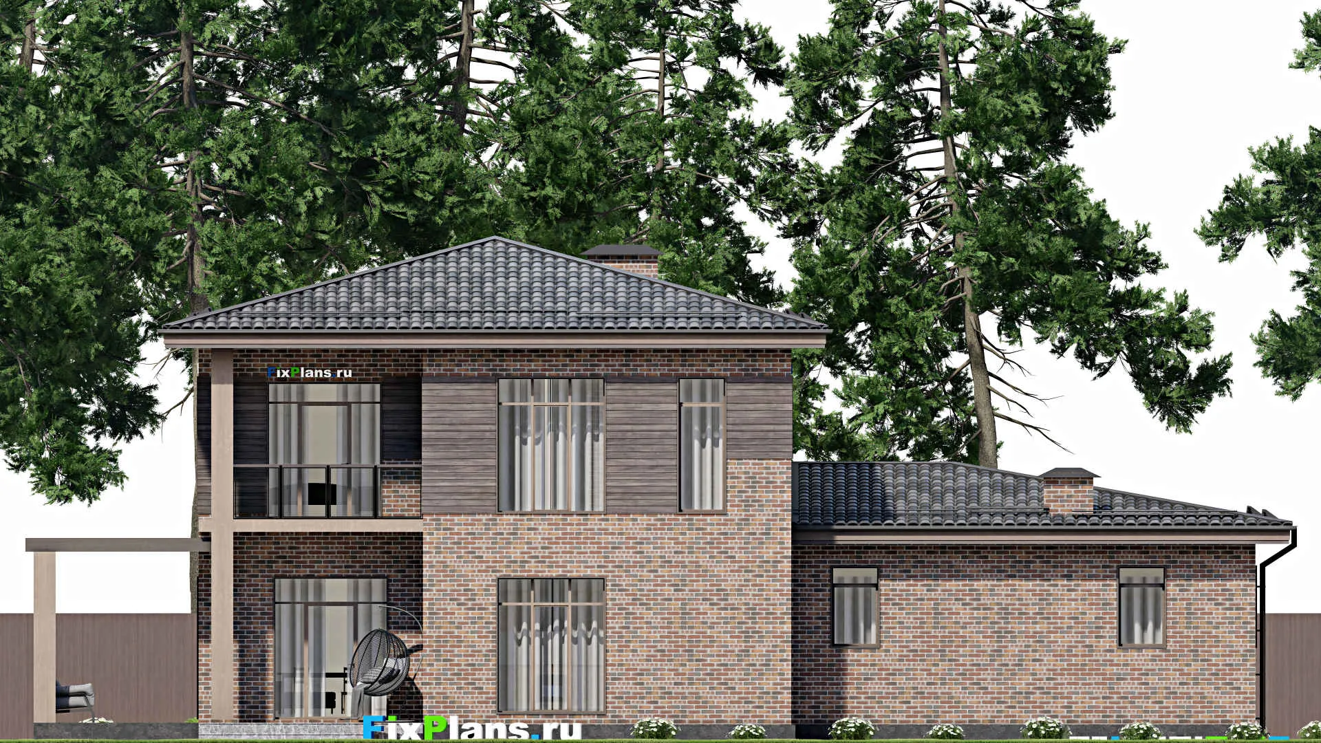 F-6785 - Проект двухэтажного дома 15 на 23, площадью 330 м² с террасой, балконом, гаражом на 2 машины и 4 спальнями