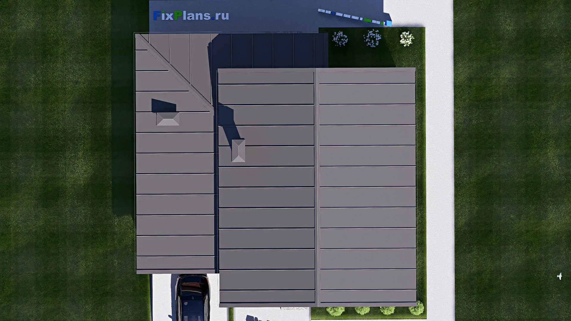 F-18071 - Проект дома с мансардой 14 на 14, площадью 200 м² с террасой, балконом, гаражом на 1 машину и 3 спальнями