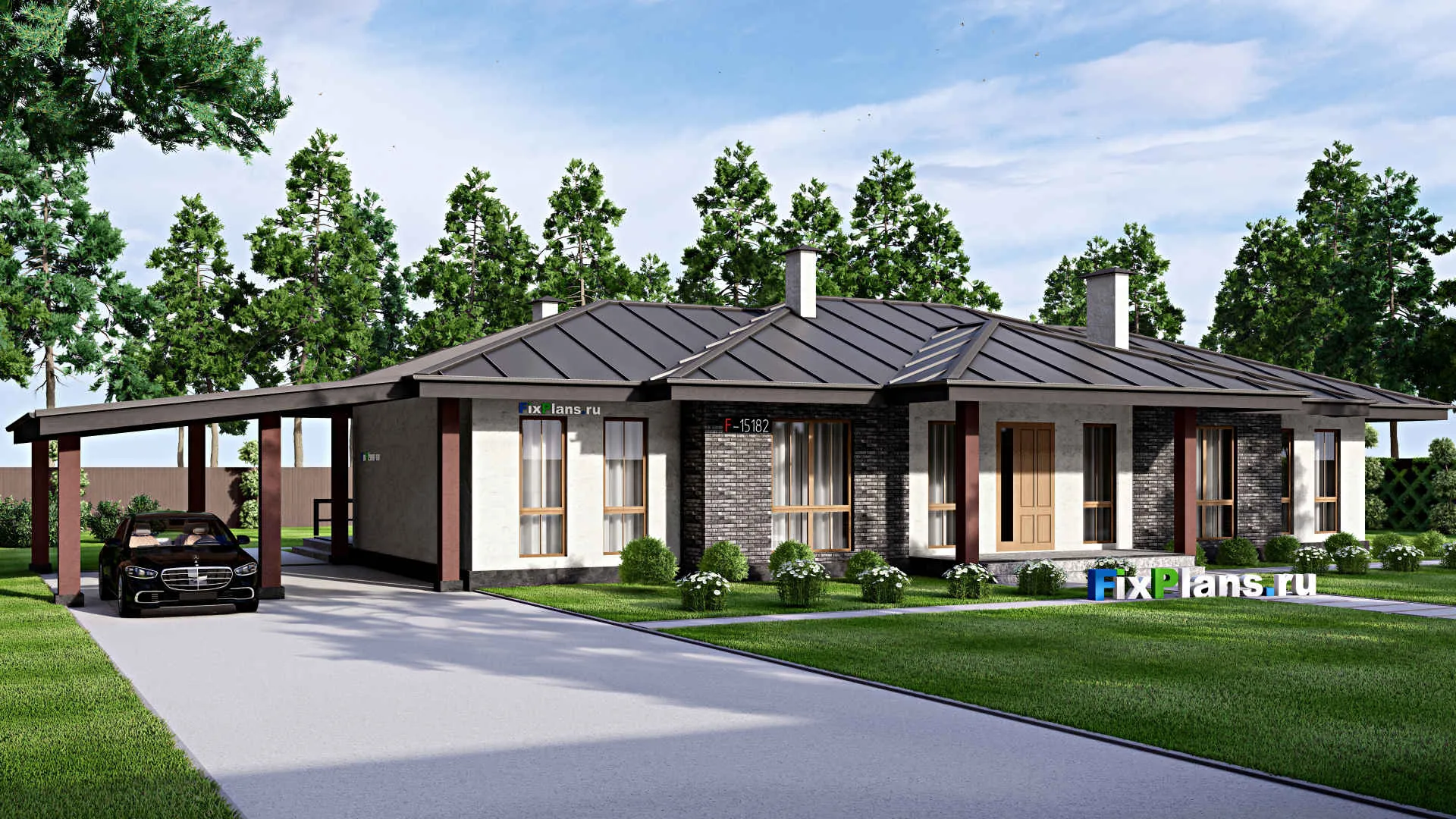 F-15182 - Проект одноэтажного дома 16 на 23, площадью 270 м² с террасой и 5 спальнями