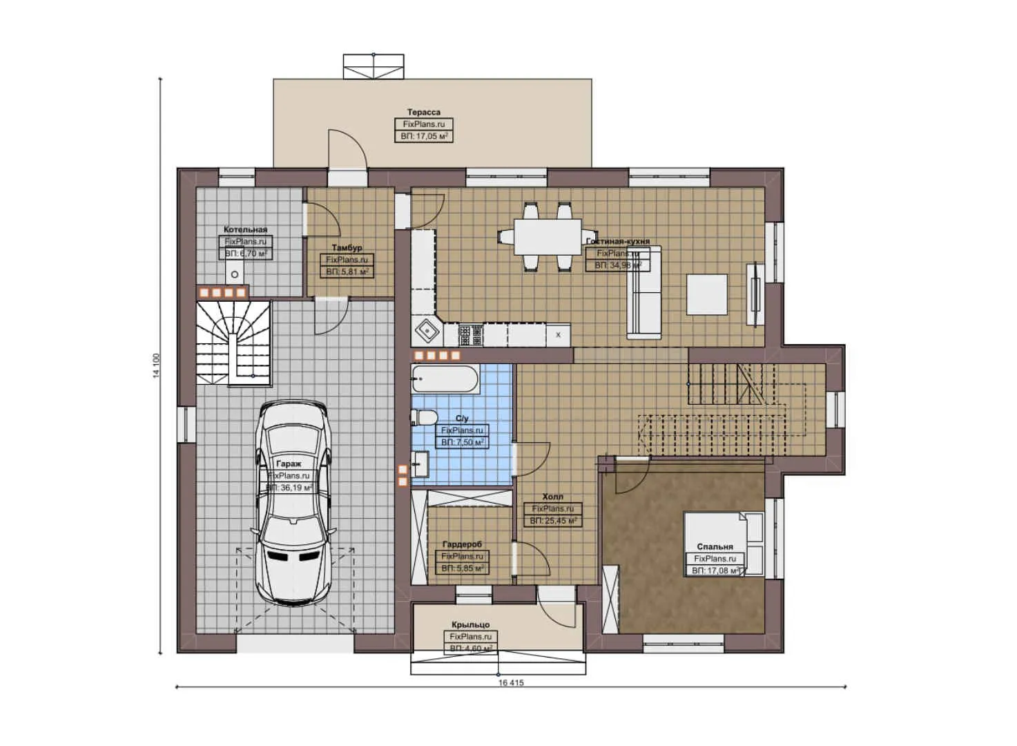 F-10142 - Планы двухэтажного дома 15 на 17, площадью 250 м² с террасой, балконом, гаражом на 2 машины и 4 спальнями