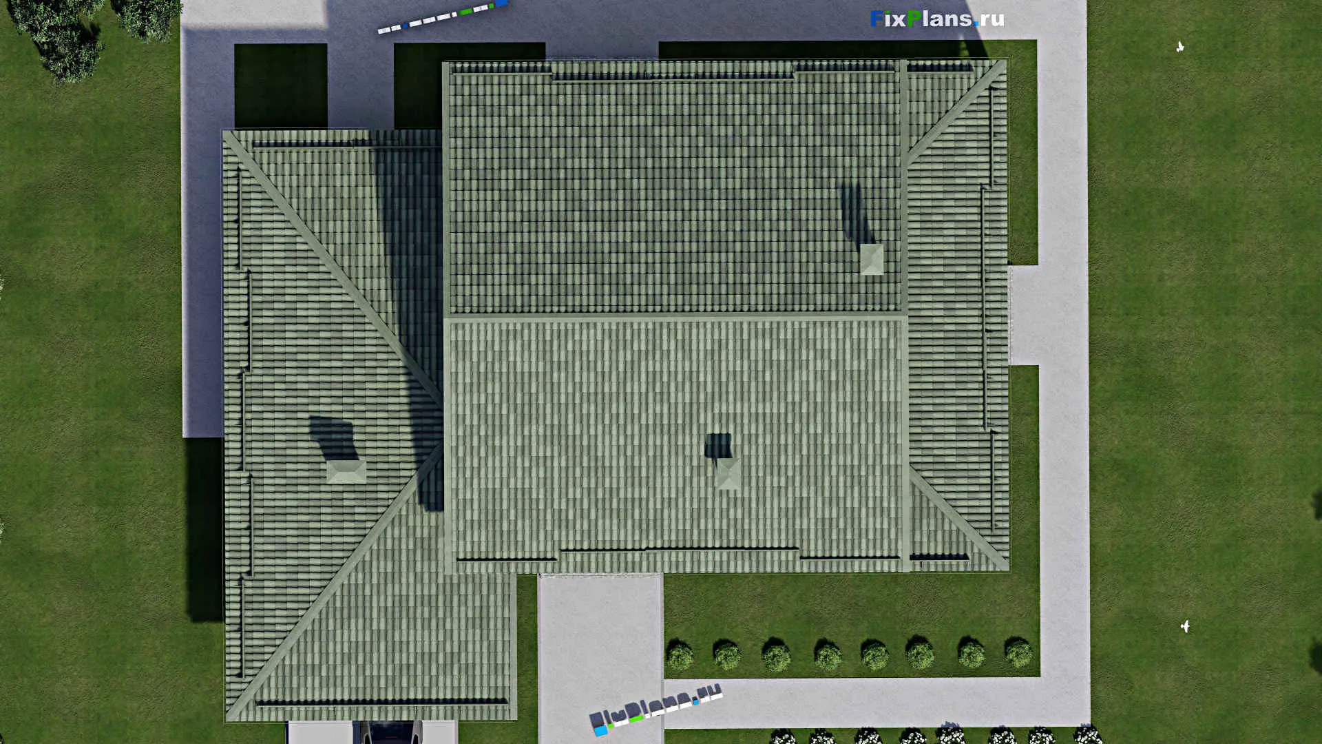 F-12158 - Проект дома с мансардой 19 на 23, площадью 400 м² с террасой, гаражом на 2 машины и 7 спальнями