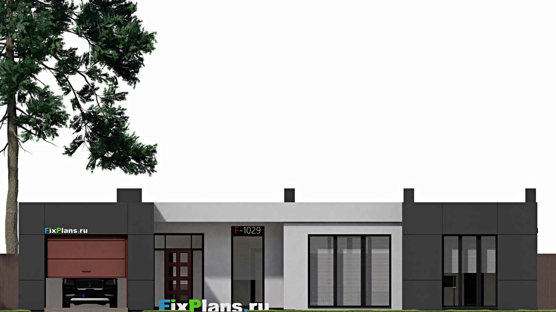 F-1079 - План одноэтажного дома 14 на 19, площадью 220 м² с террасой, гаражом на 1 машину и 3 спальнями