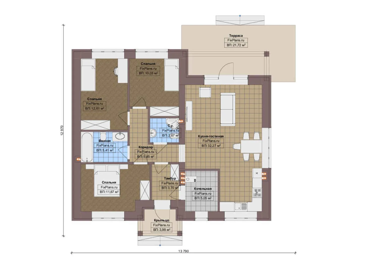 F-19466 - План одноэтажного дома 13 на 14, площадью 120 м² с террасой и 3 спальнями