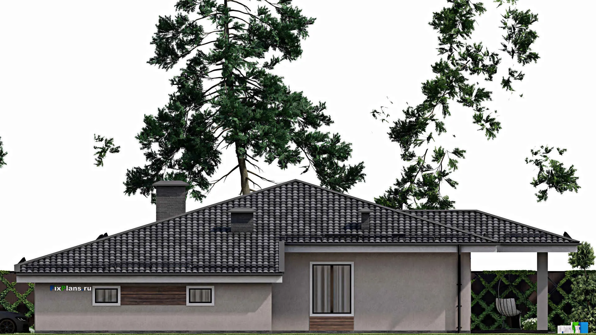 F-10286 - Проект одноэтажного дома 18 на 20, площадью 190 м² с террасой, гаражом на 1 машину и 4 спальнями