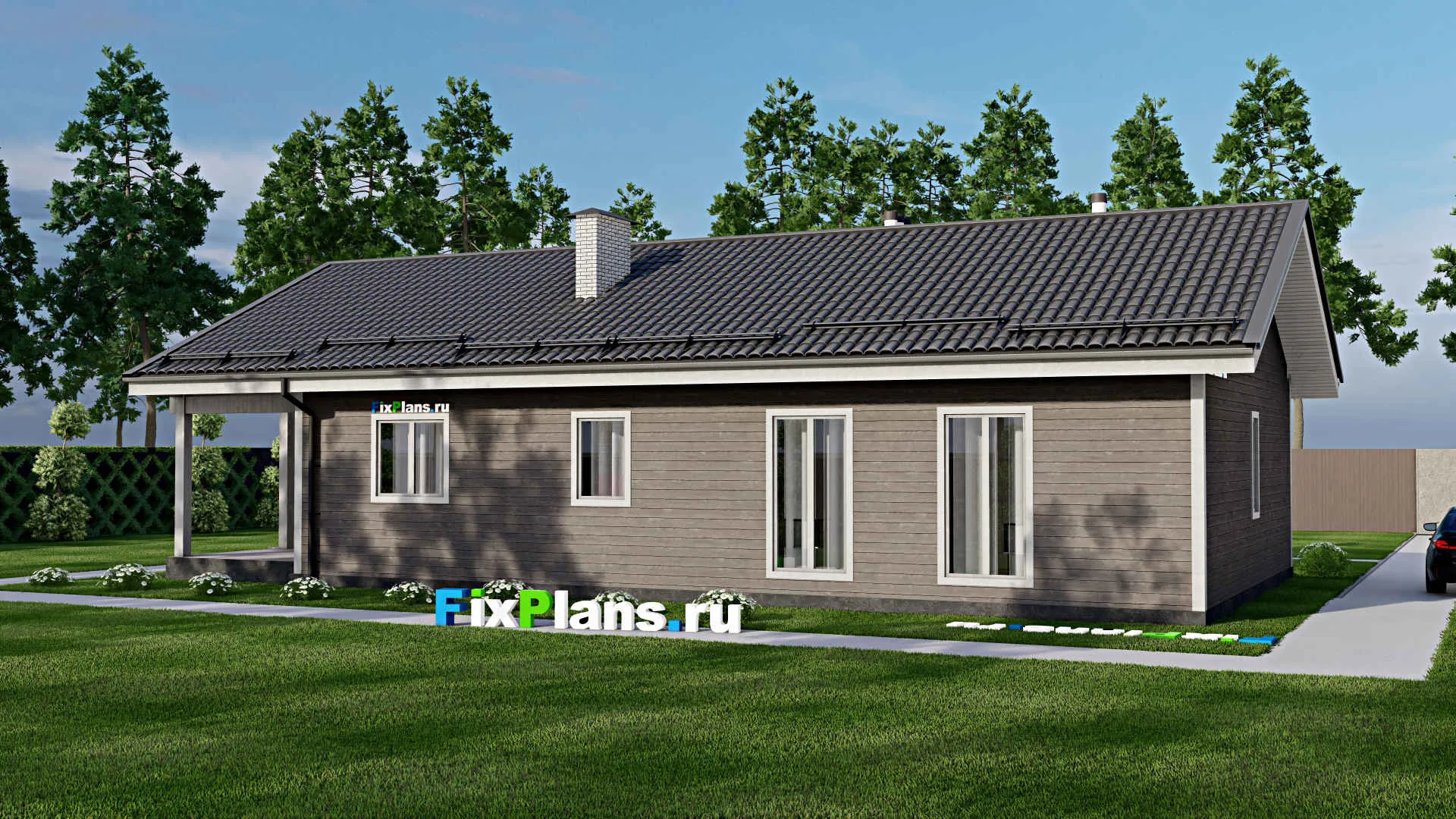 F-5138 - Проект одноэтажного дома 10 на 15, площадью 140 м² с террасой, баней и 3 спальнями