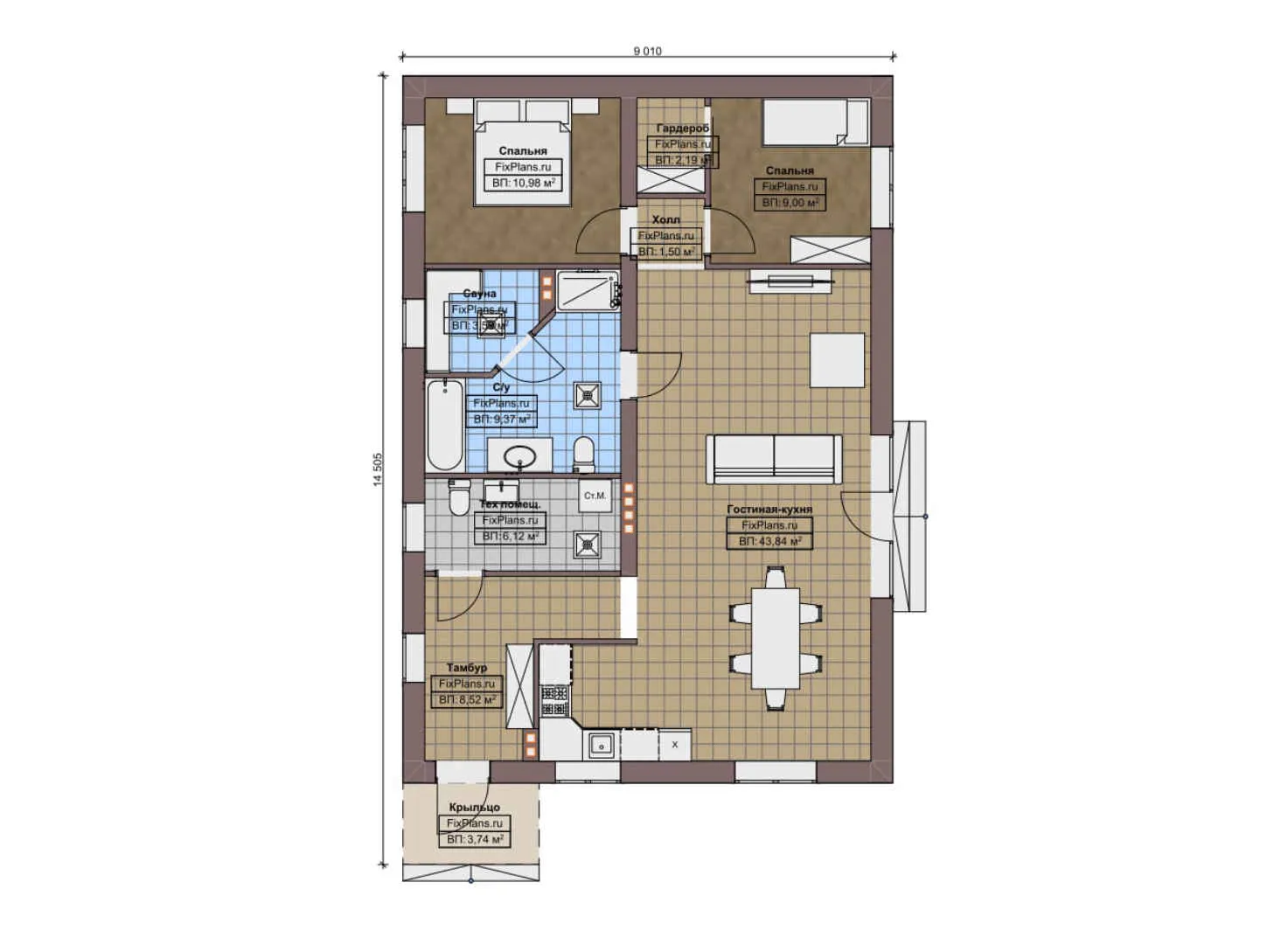 F-9818 - План одноэтажного дома 10 на 15, площадью 100 м² с 2 спальнями