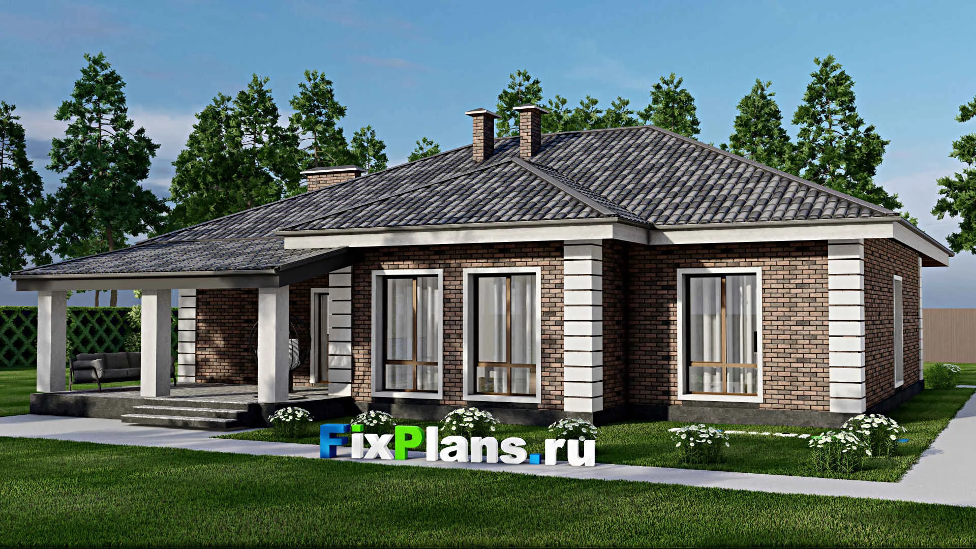 F-9971 - Проект одноэтажного дома 16 на 18, площадью 200 м² с террасой и 4 спальнями