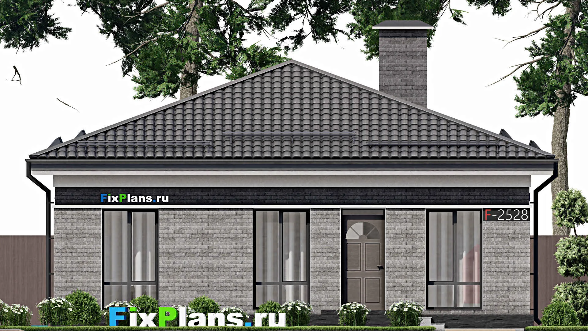 F-2528 - Проект одноэтажного дома 11 на 11, площадью 110 м² с террасой и 3 спальнями