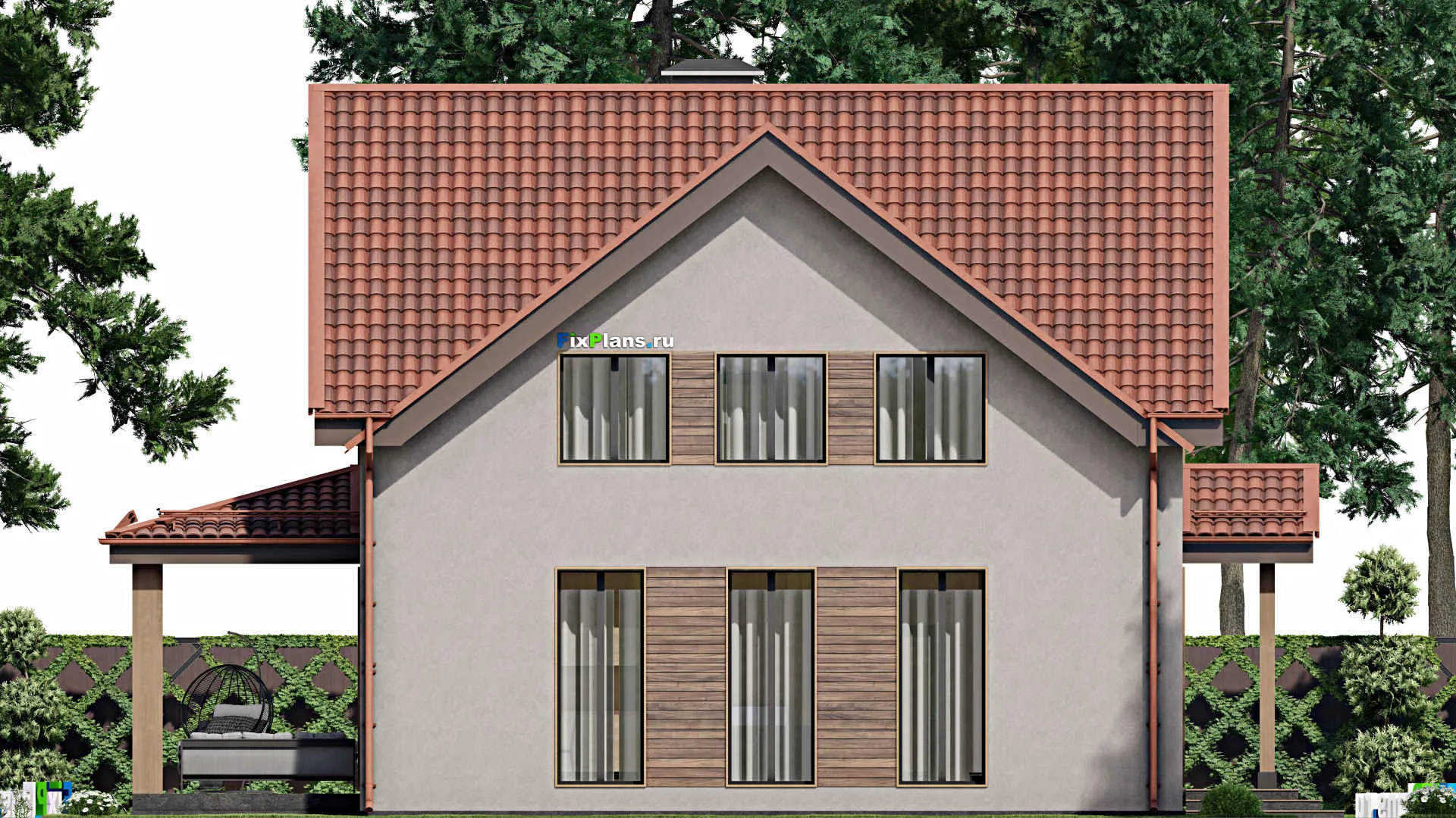 F-8252 - Проект дома с мансардой 11 на 11, площадью 250 м² с террасой, навесом для машины и 5 спальнями