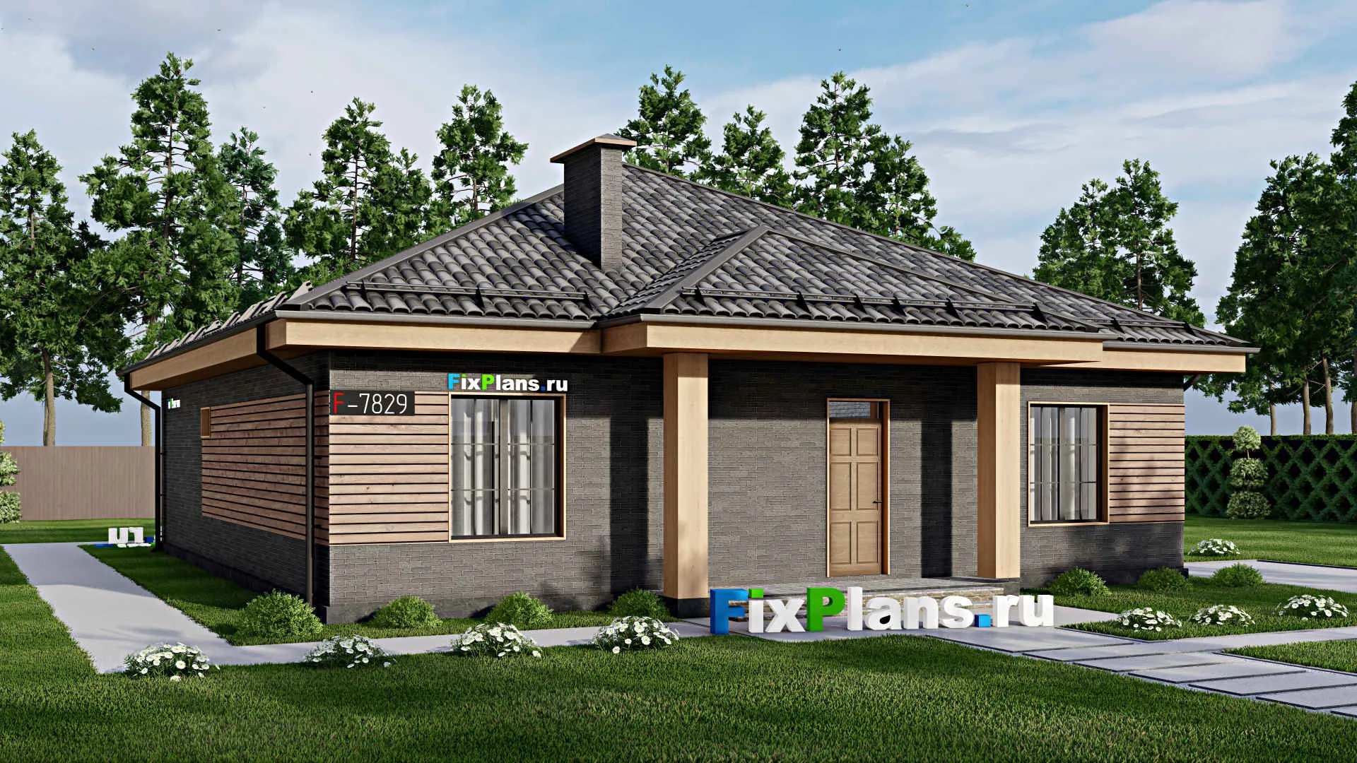 F-7829 - Проект одноэтажного дома 14 на 15, площадью 170 м² с террасой и 4 спальнями