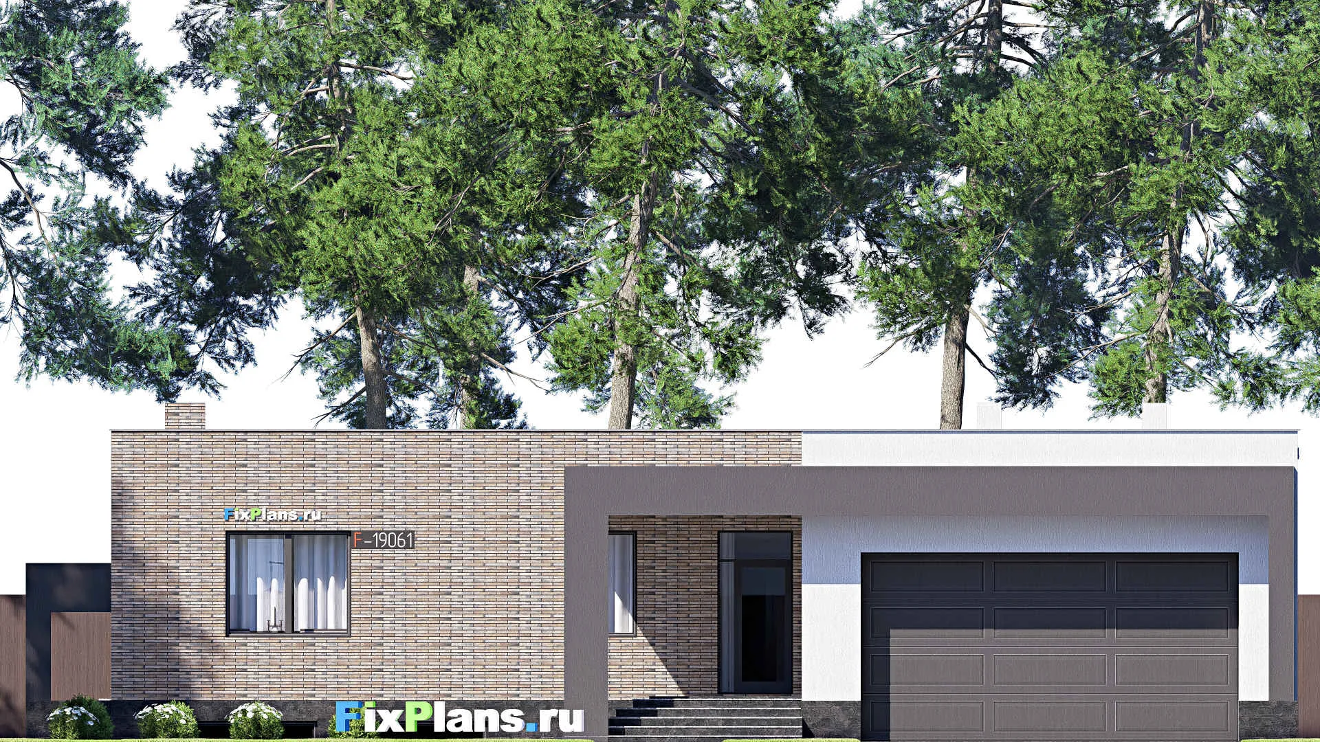 F-19061 - Проект одноэтажного дома 20 на 21, площадью 370 м² с террасой, цокольным этажом, гаражом на 2 машины и 3 спальнями