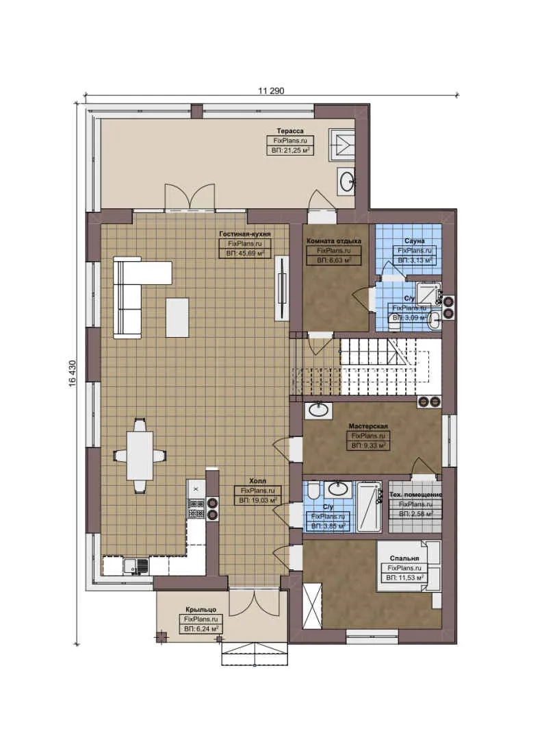 F-3941 - Планы двухэтажного дома 12 на 17, площадью 230 м² с террасой, баней и 4 спальнями