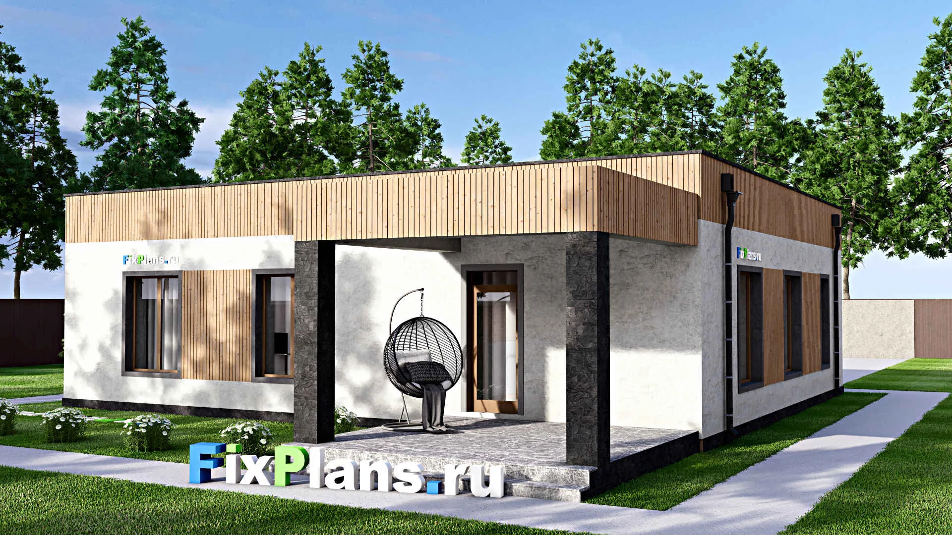 F-15200 - Проект одноэтажного дома 14 на 17, площадью 150 м² с террасой, гаражом на 1 машину и 4 спальнями