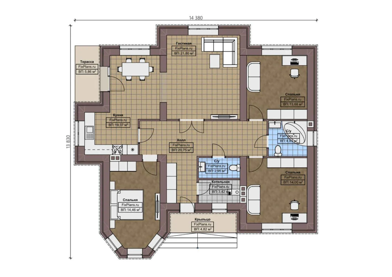 F-0836 - План одноэтажного дома 14 на 15, площадью 130 м² с террасой и 3 спальнями