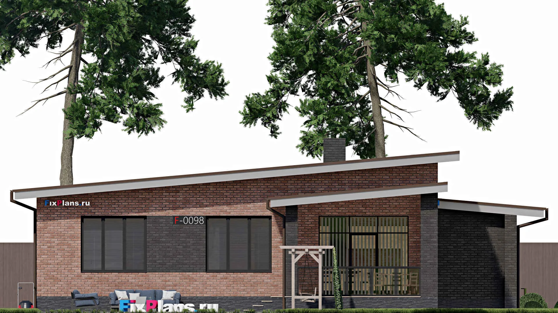 F-0098 - Проект одноэтажного дома 16 на 16, площадью 160 м² с террасой и 3 спальнями