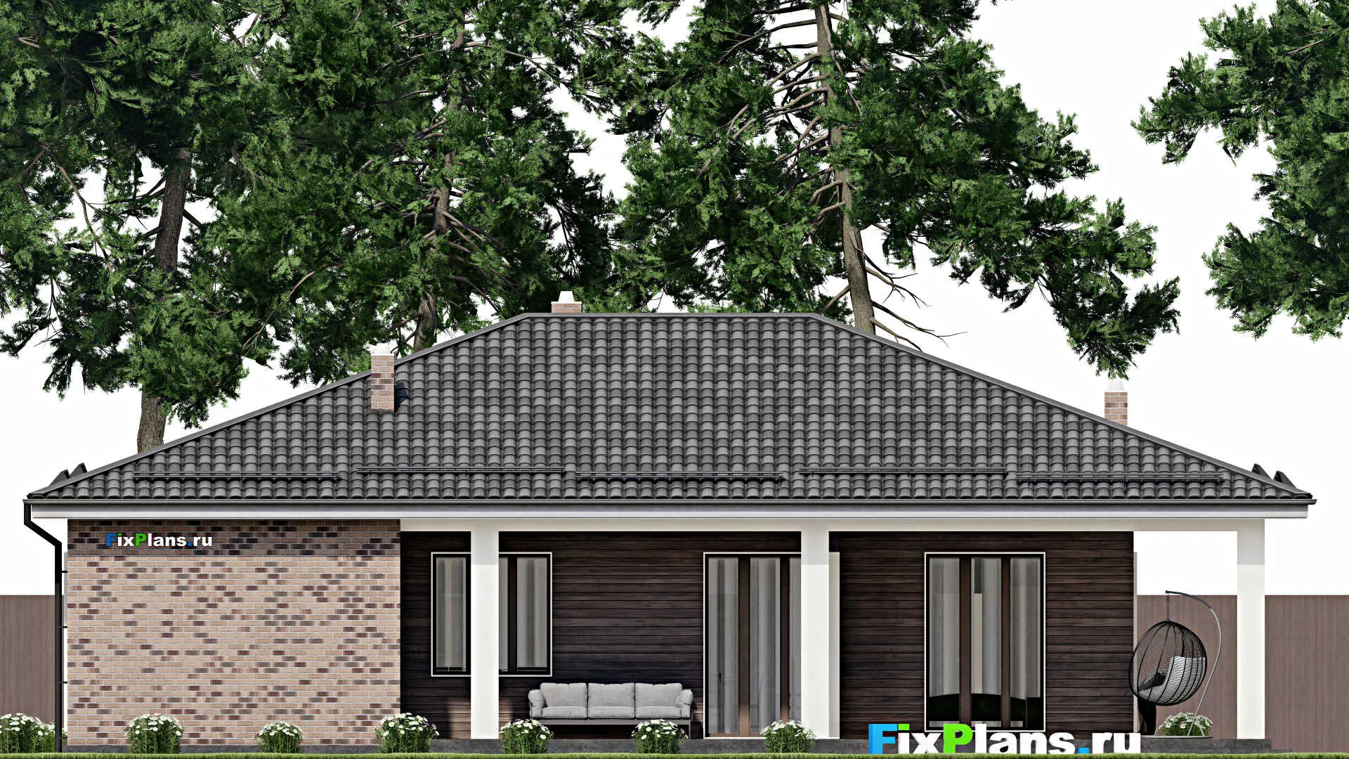 F-3275 - Проект одноэтажного дома 14 на 16, площадью 180 м² с террасой, гаражом на 1 машину и 2 спальнями