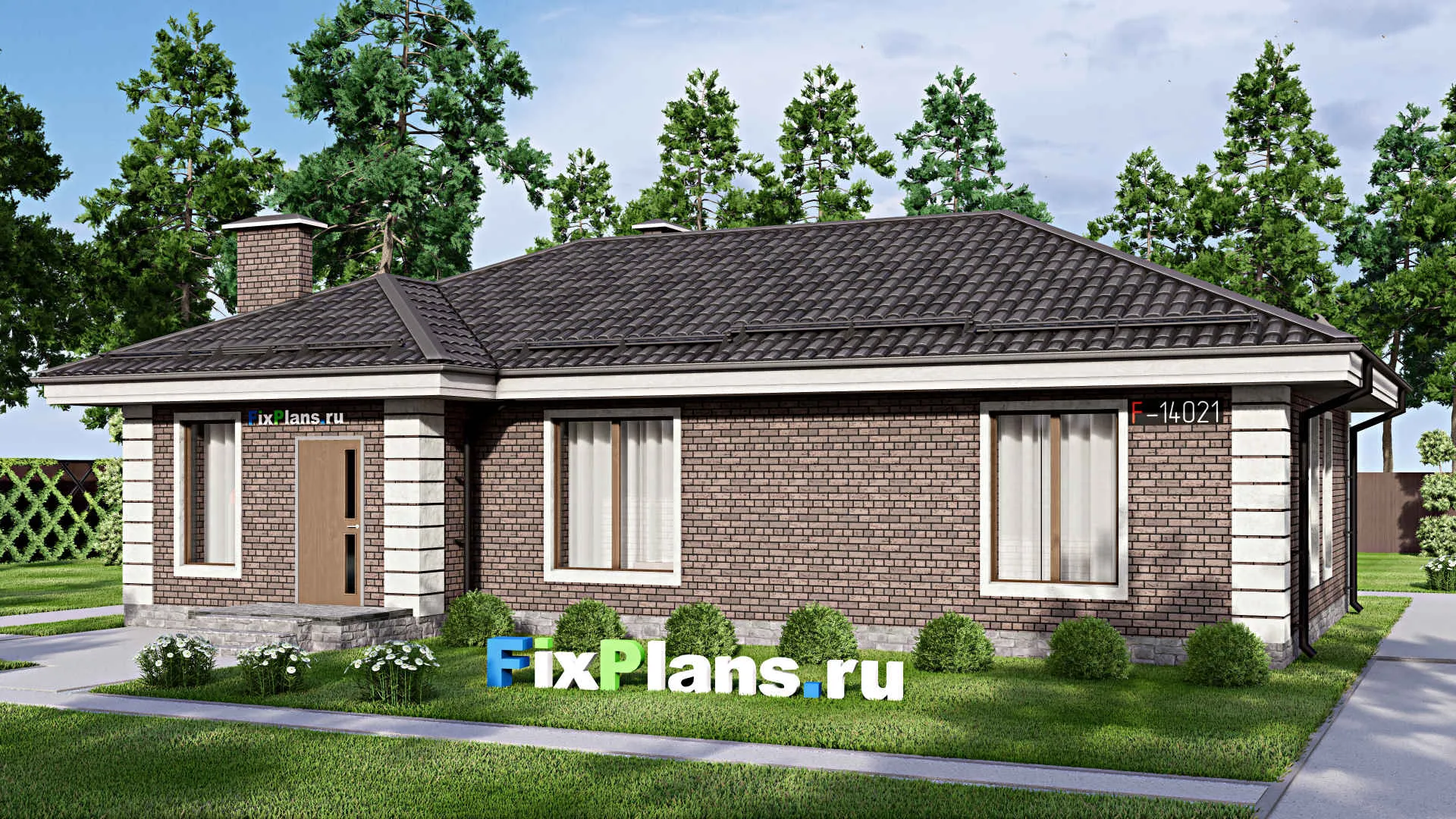 F-14021 - Проект одноэтажного дома 13 на 15, площадью 110 м² с террасой, баней и 3 спальнями