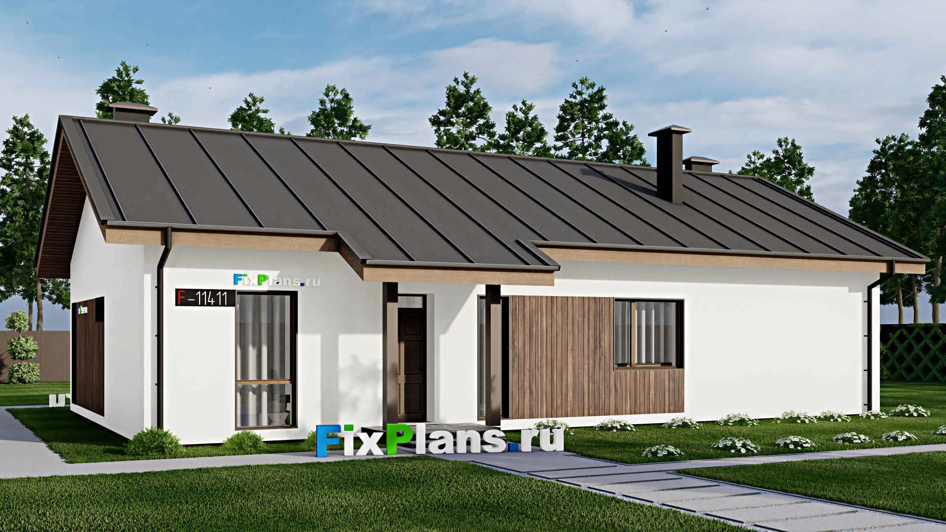 F-11411 - Проект одноэтажного дома 13 на 17, площадью 160 м² с террасой и 4 спальнями